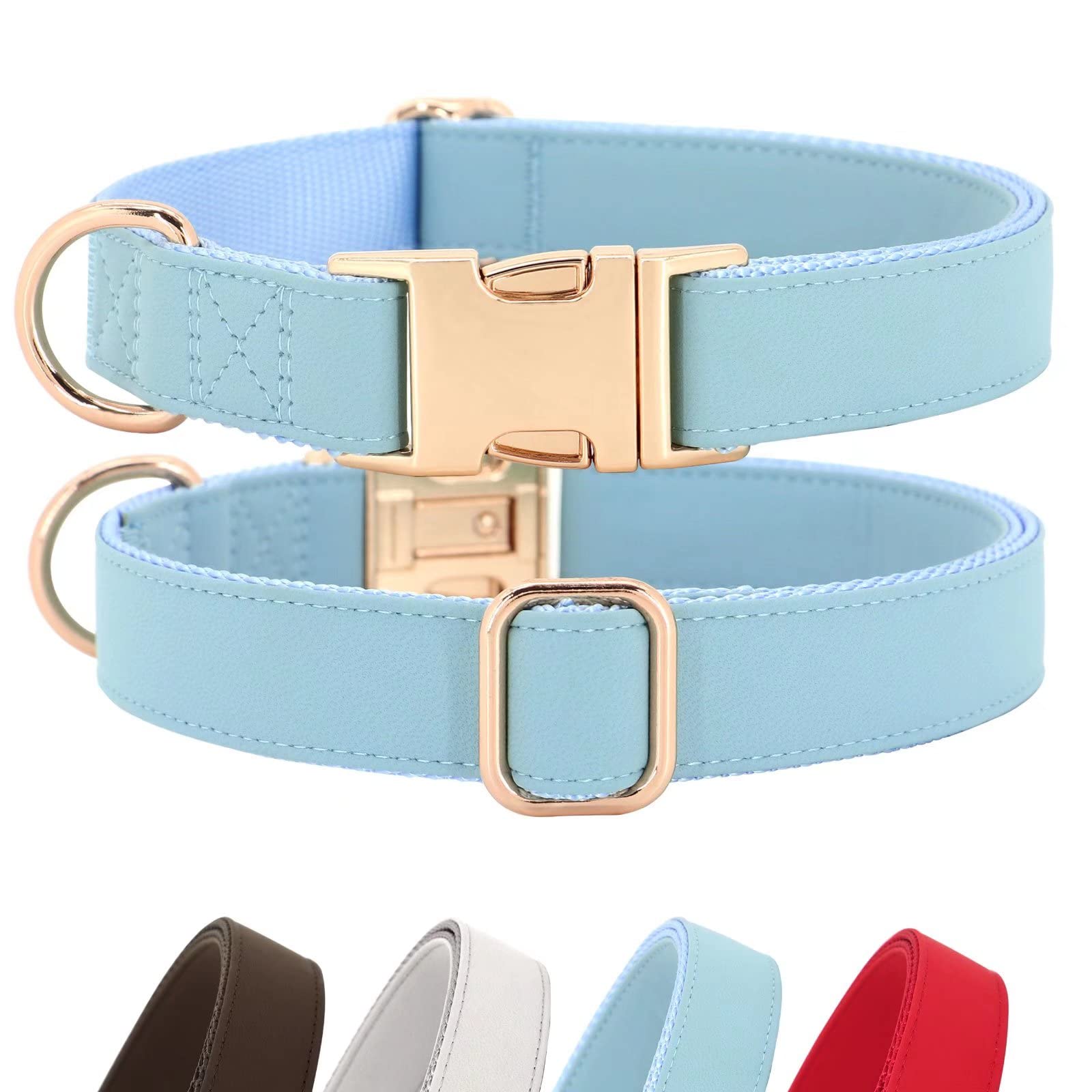 Pet Artist Charming Nylon Dog Collar With Leather Soft Comfy Elegant Nylon Collars For Dogs Small Medium Large 4 Bright Solid Color For Choosing Blue Red Brown Grey (Blue,Neck Fit 16-27'')
