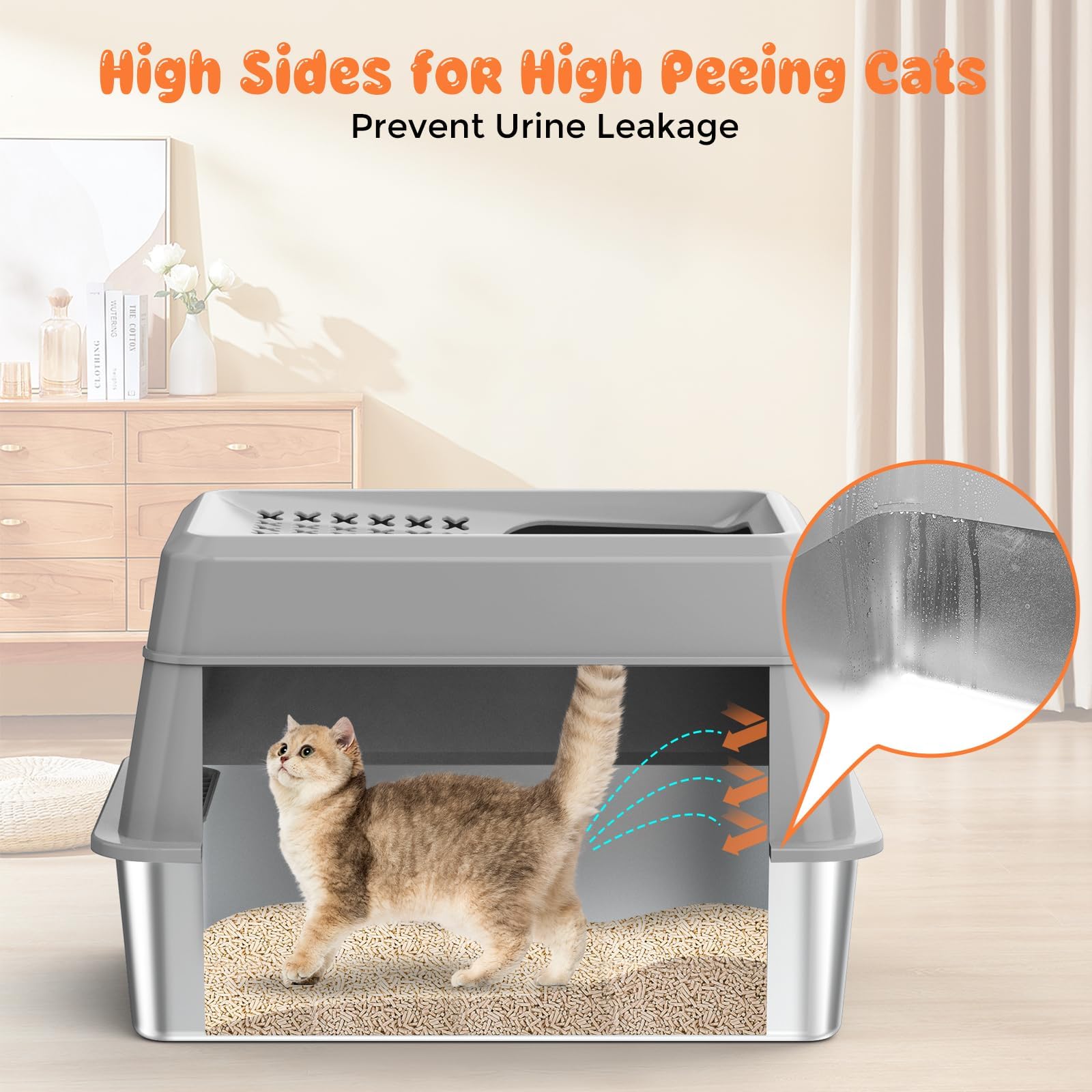 URPOWER Stainless Steel Cat Litter Box, Extra Large Enclosed with Lid, Gray-XL, Non-Sticky Metal Pan, Easy Cleaning, Front & Top Entry