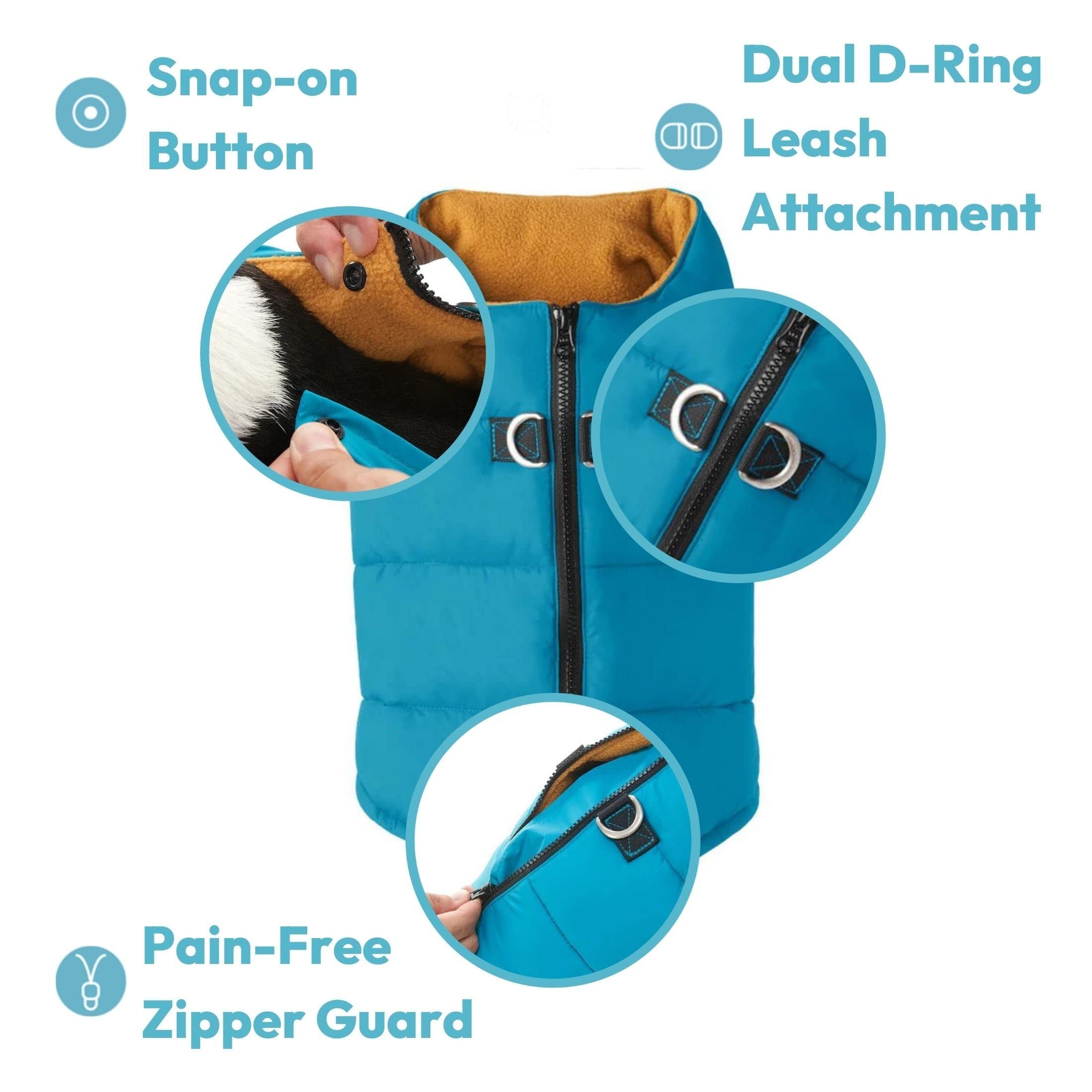 Gooby Padded Vest Dog Jacket - Solid Blue, Small - Warm Zip Up Dog Vest Fleece Jacket With Dual D Ring Leash - Winter Water Resi