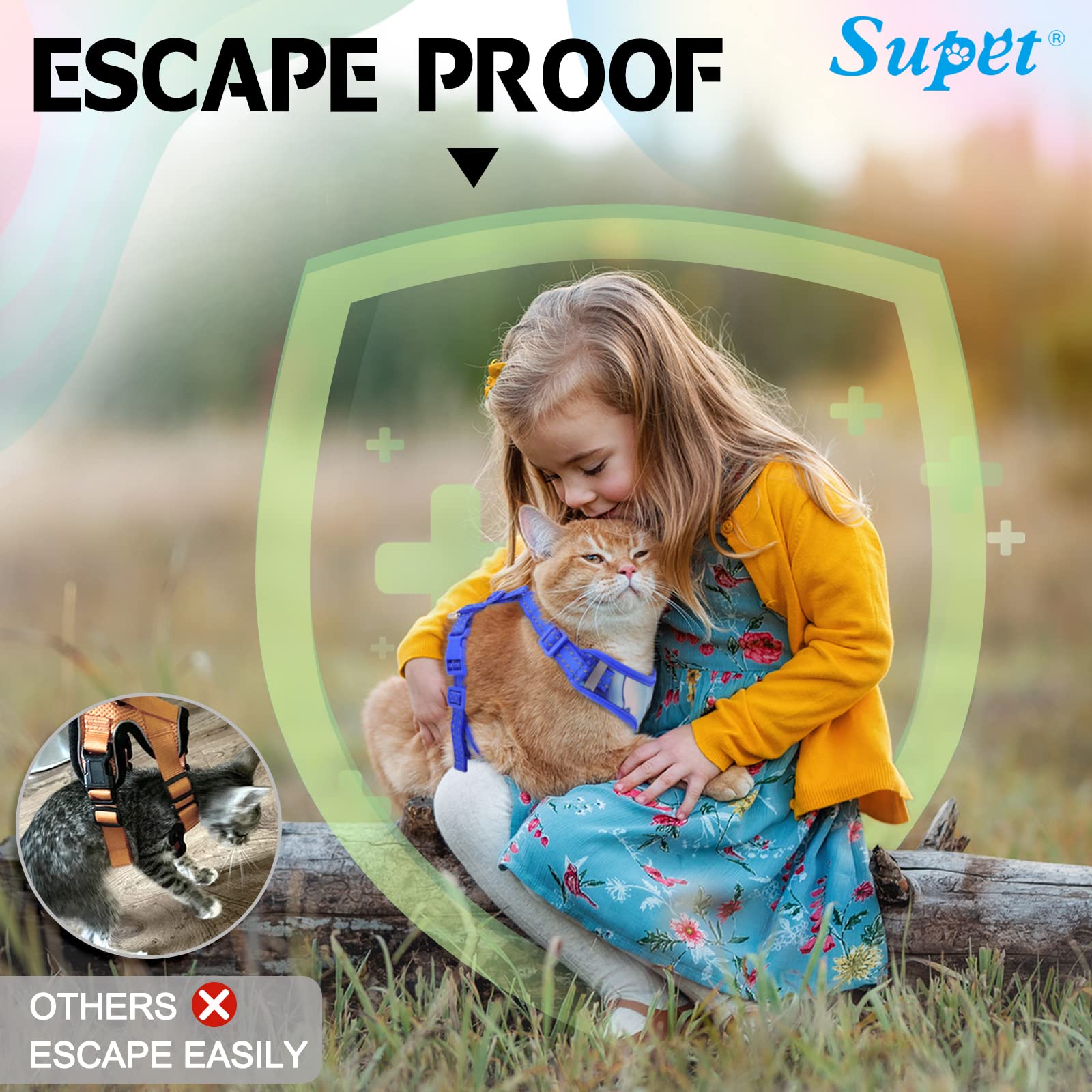 Supet Cat Harness and Leash Set, Escape Proof, Adjustable, M (Chest: 11.0-18.3''), Nylon, Green, Reflective Trim for Cats and Kittens