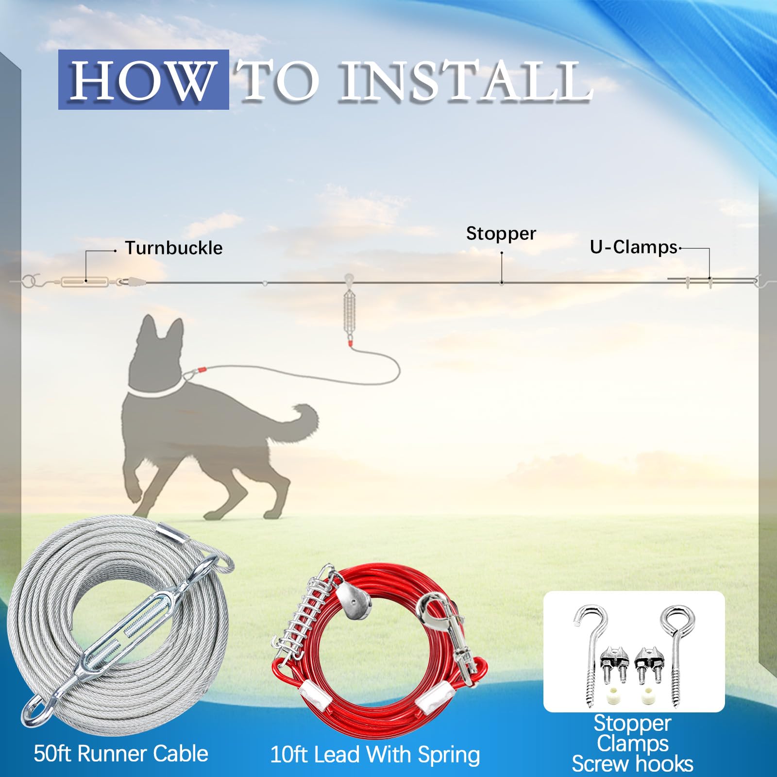 Dog Tie Out Runner For Yard,Trolley System For Large Dogs,Heavy Duty Dog Run Cable Lead 200Ft With 10Ft Pulley Runner Line For S