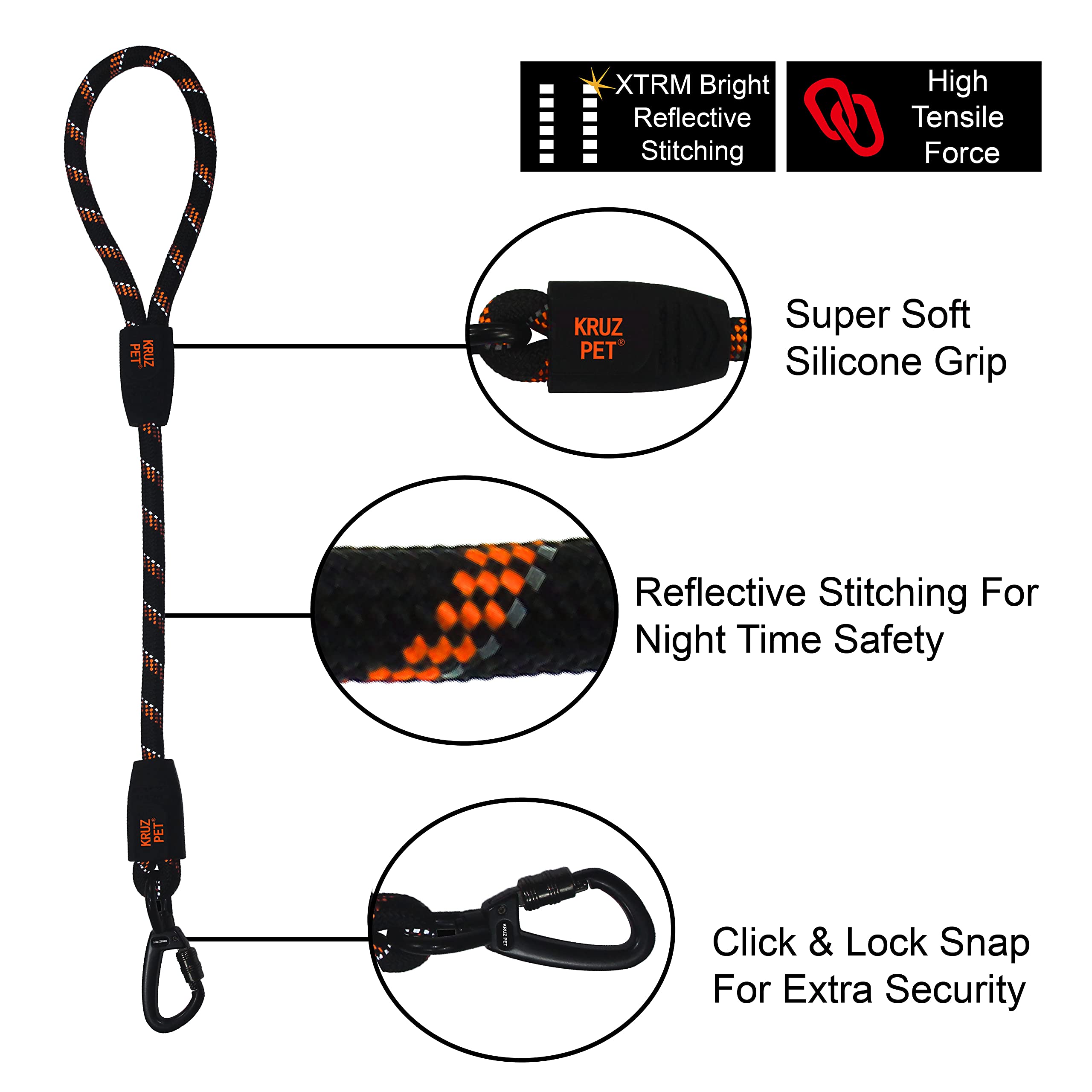 Kruz Short Traffic Leash - Kzrope5020-S8L - Soft Silicone Grip - Click & Lock Snap - Heavy-Duty Reflective Dog Rope For Security