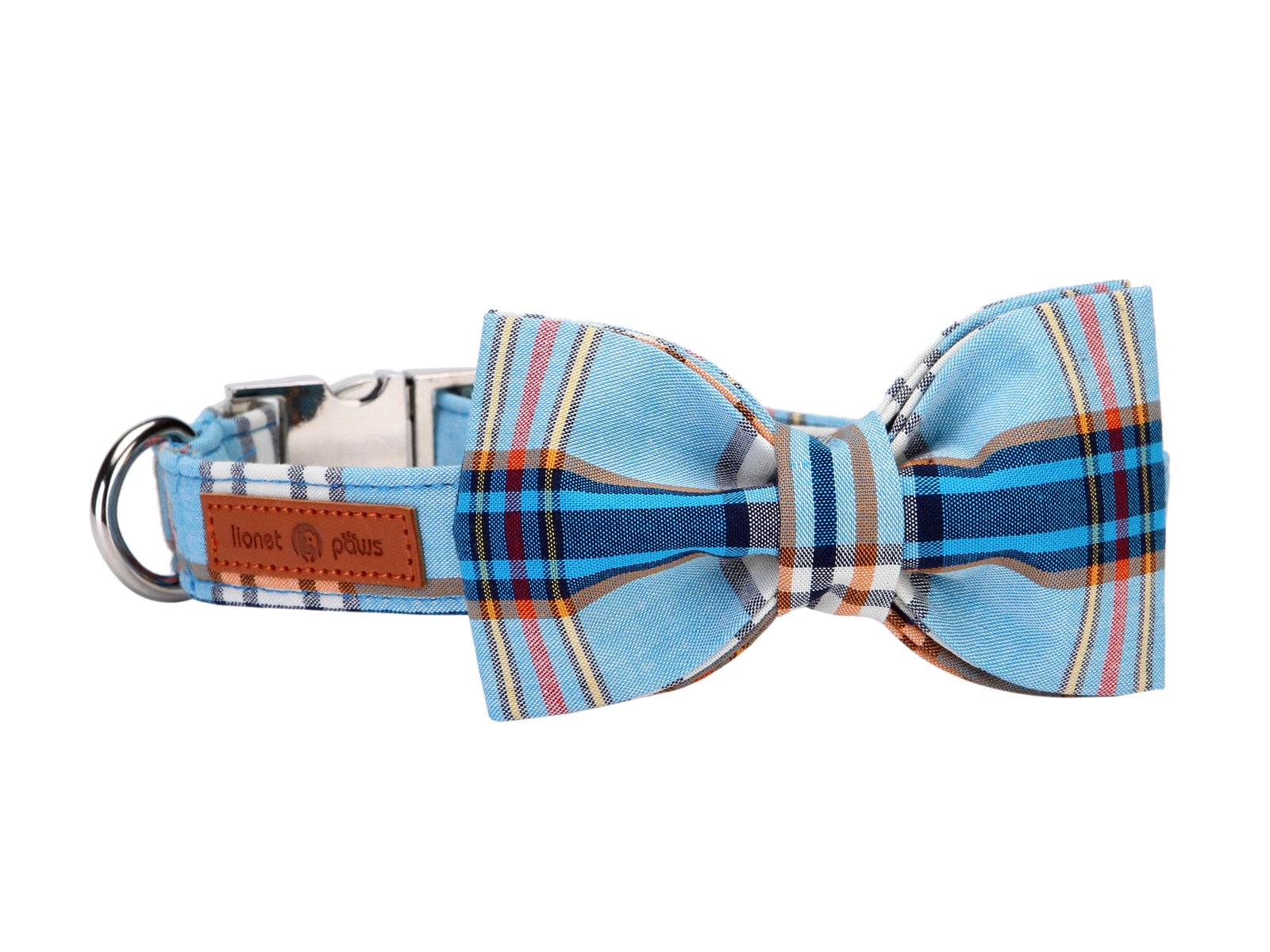 Lionet Paws Boy Dog Collar With Bowtie, Comfortable Adjustable Cute Blue Plaid Bow Tie Collar For Male Dogs Gift, Medium, Neck 1