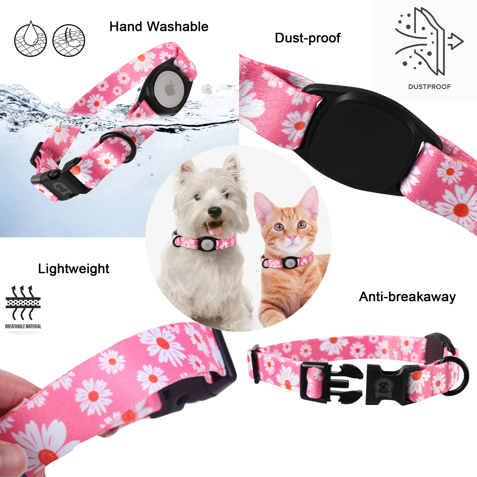 Mr.Chubbyface Airtag Dog Collar Floral Pink Daisy Dog Collar With Apple Airtag Holder For Small Medium Large Boy Girl Dogs