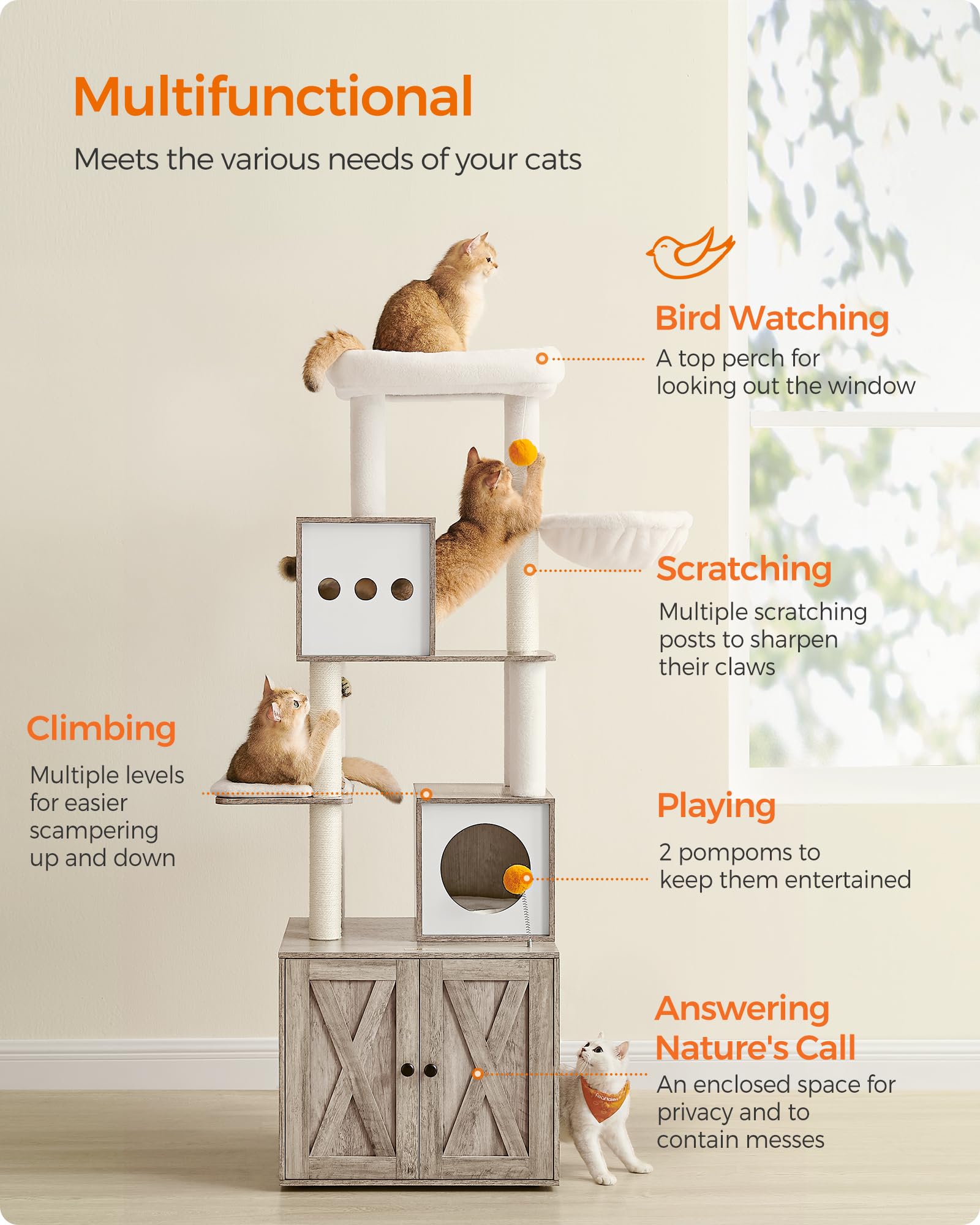 Feandrea Cat Tree with Litter Box Enclosure, 70.8" Tall Condo, Heather Greige, Model UPCT116G01, Plush & Sisal Material