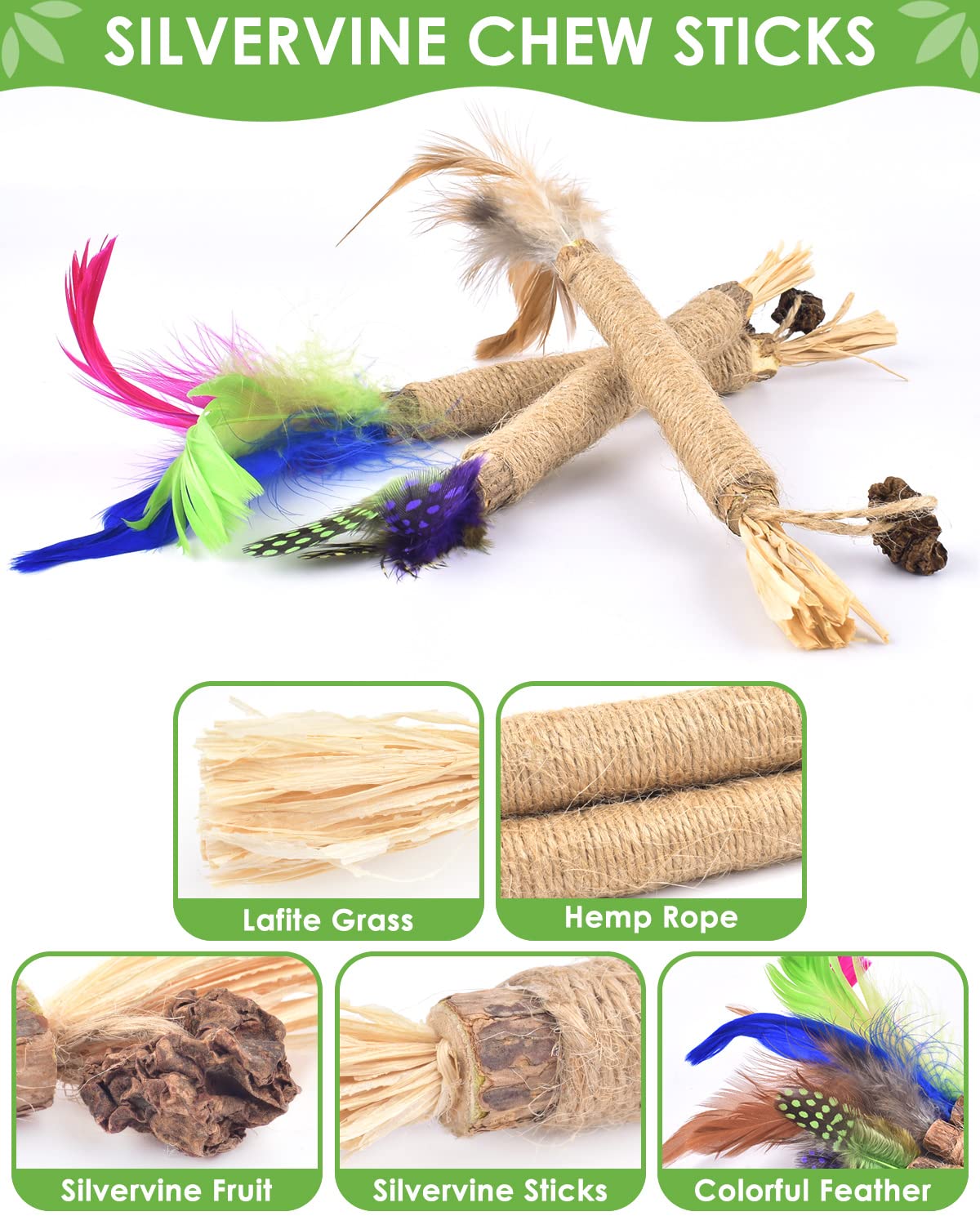 TINDTOP Silvervine Sticks for Cats with Natural Feather, Catnip Chew Toys for Kittens Teeth Cleaning, Matatabi Dental Care, Calm