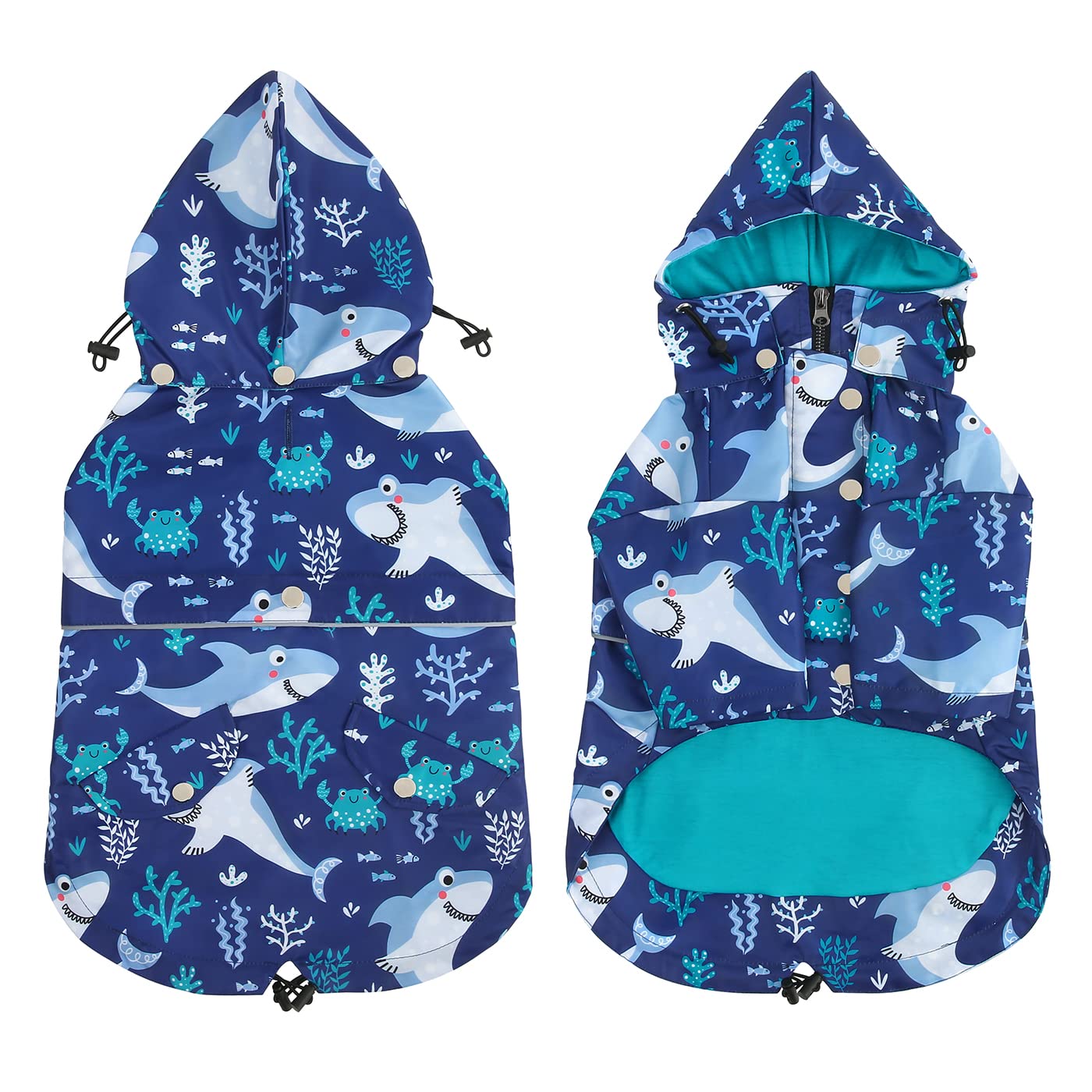 Hde Dog Raincoat Double Layer Zip Rain Jacket With Hood For Small To Large Dogs Sharks - Xl