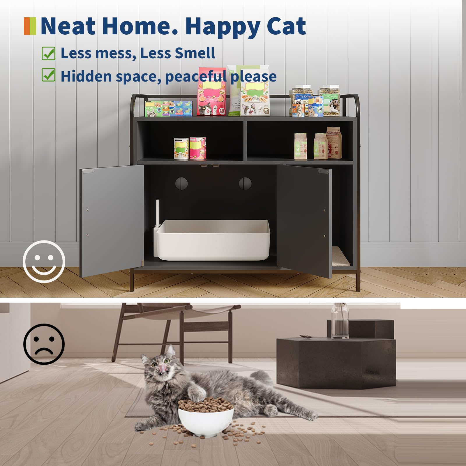 GarveeHome Cat Litter Box Enclosure with Metal Frame and Dual Storage Shelves, Modern Hidden Litter Box Furniture Indoor Cat Hou