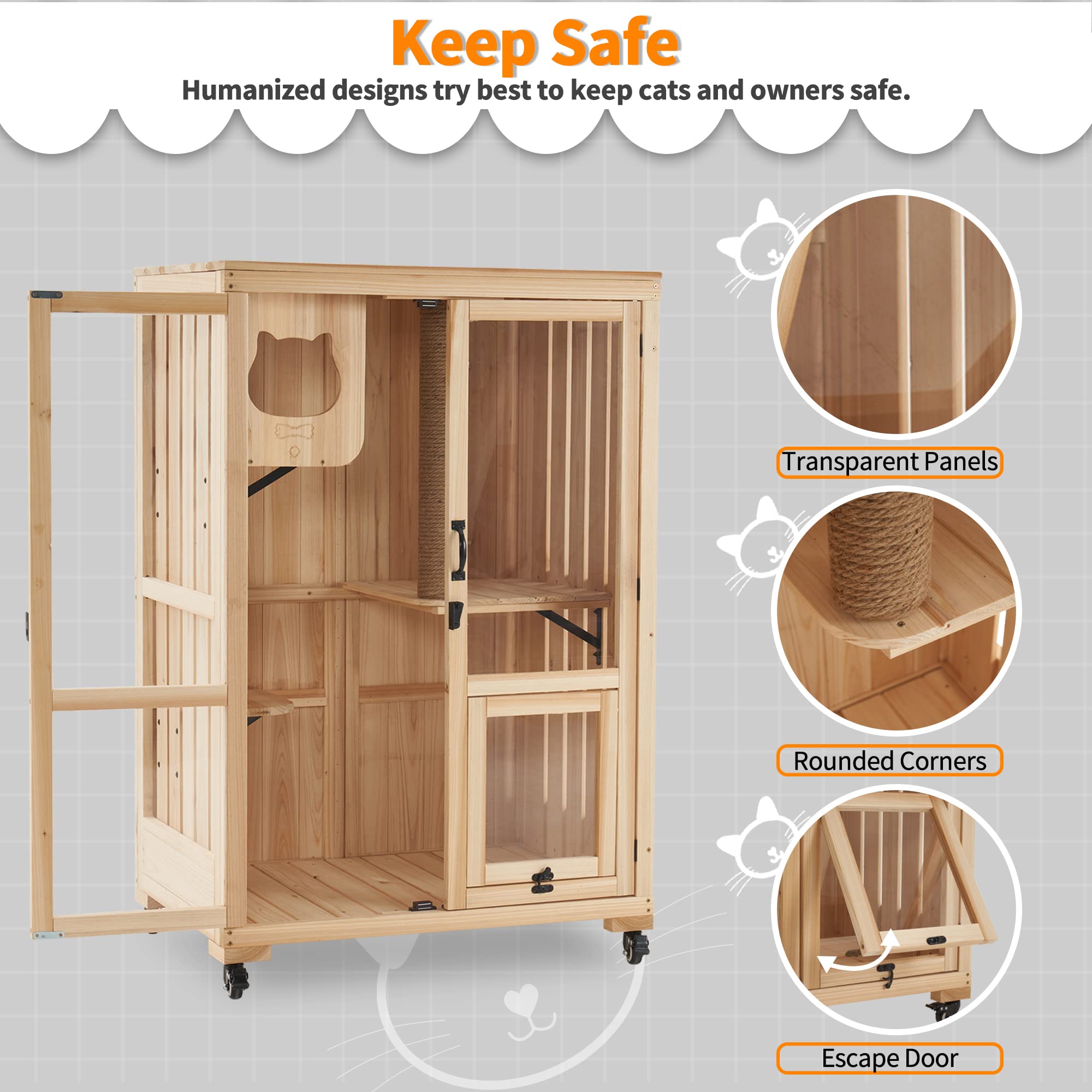 MCombo Luxury Cat House with Scratching Post, Wooden Multi Feature Large Cat Condo with Escape Door and Wheels, Kitten Cages wit