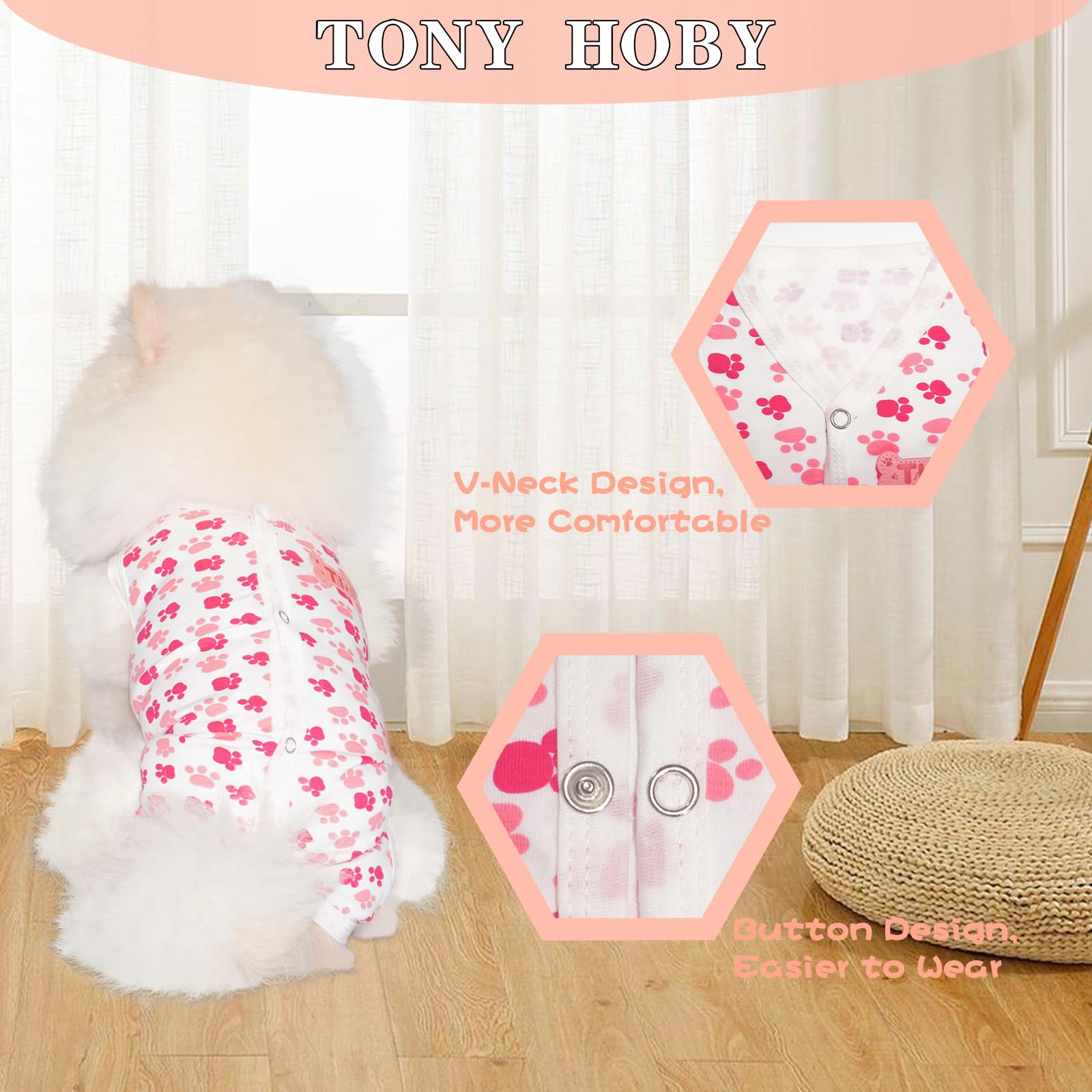 Tony Hoby Dog Pajamas, Summer Dog Shirt, Soft Breathable Dog Pajamas With Cute Pawprints (Pink, S), Small