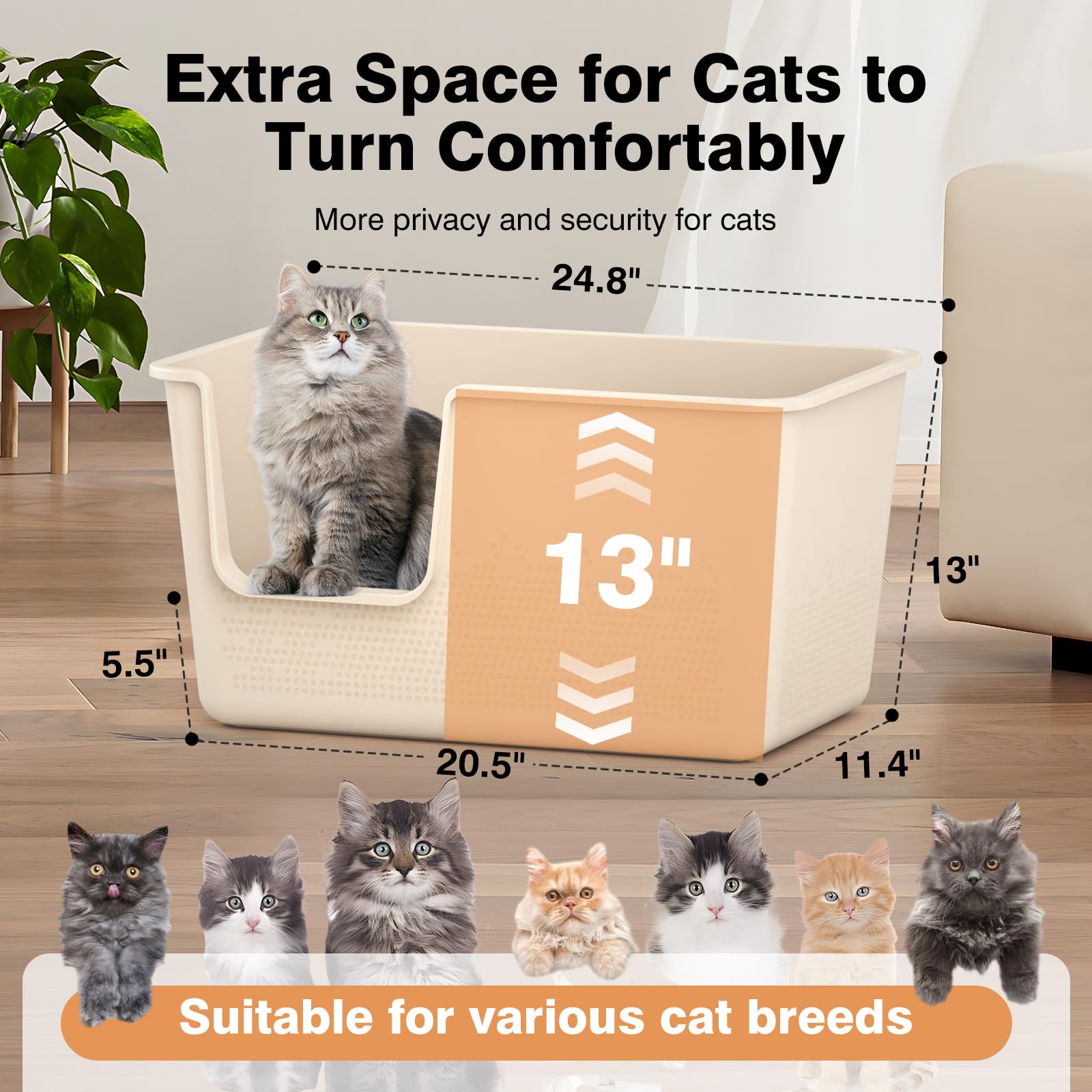 SpaceTime Extra Large High Sided Cat Litter Box, 24.8" L x 11.4" W x 13" H, Beige, Tool-Free Assembly, Model ST1