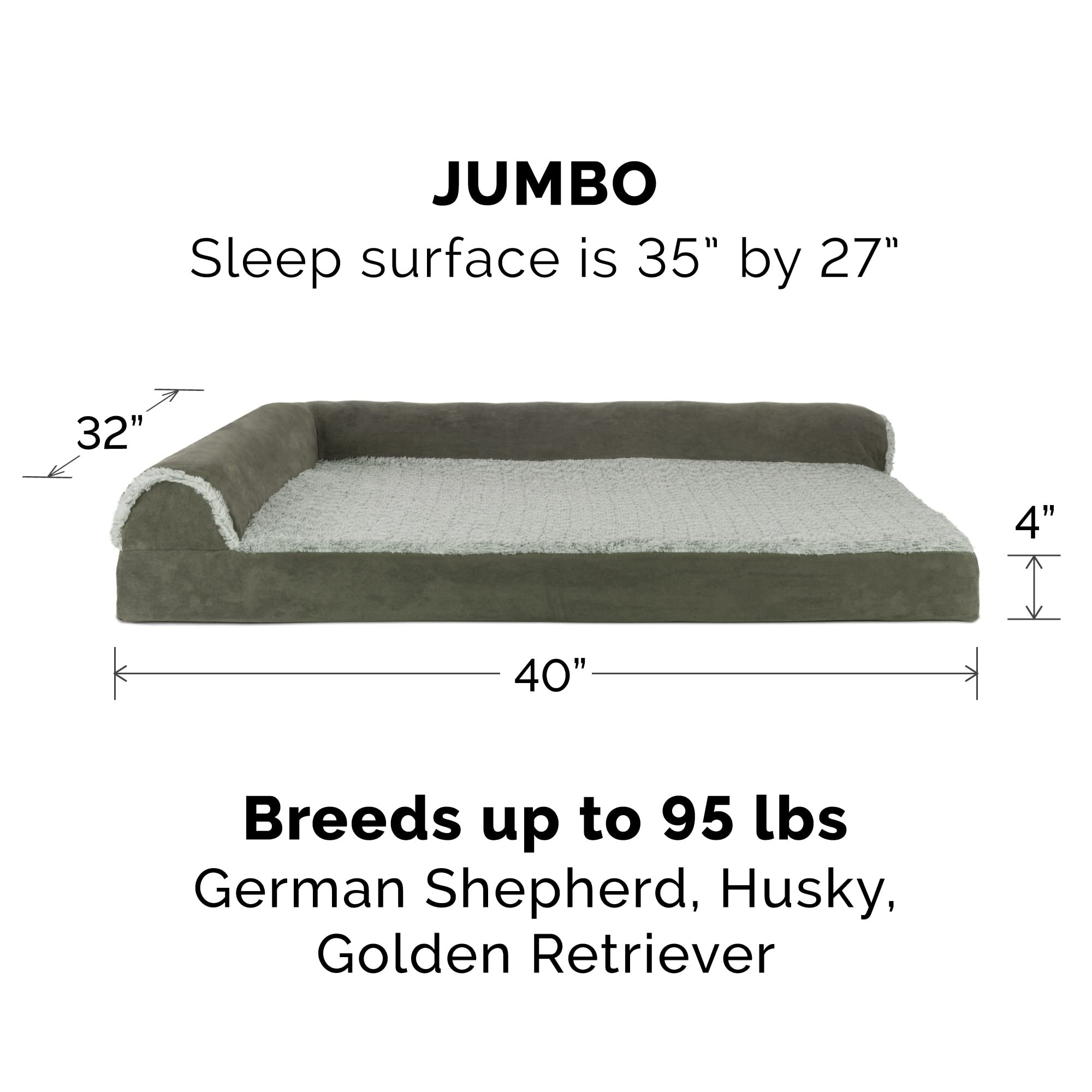 Furhaven Cooling Gel Dog Bed For Large Dogs W/ Removable Bolsters & Washable Cover, For Dogs Up To 95 Lbs - Two-Tone Plush Faux Fur & Suede L Shaped Chaise - Dark Sage, Jumbo/Xl