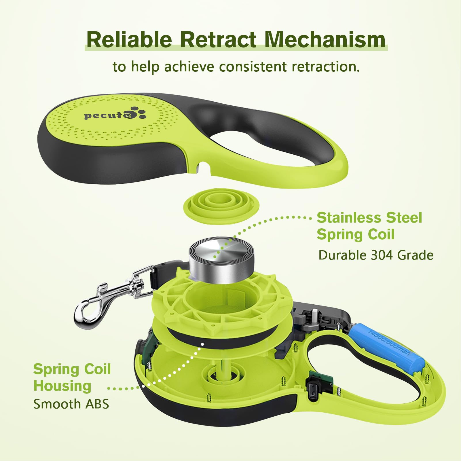Pecute Retractable Dog Leash, 16 ft, 66lbs, Nylon, Green, Rechargeable Light, Tangle-Free, Model PRL-L5M02, Medium Size