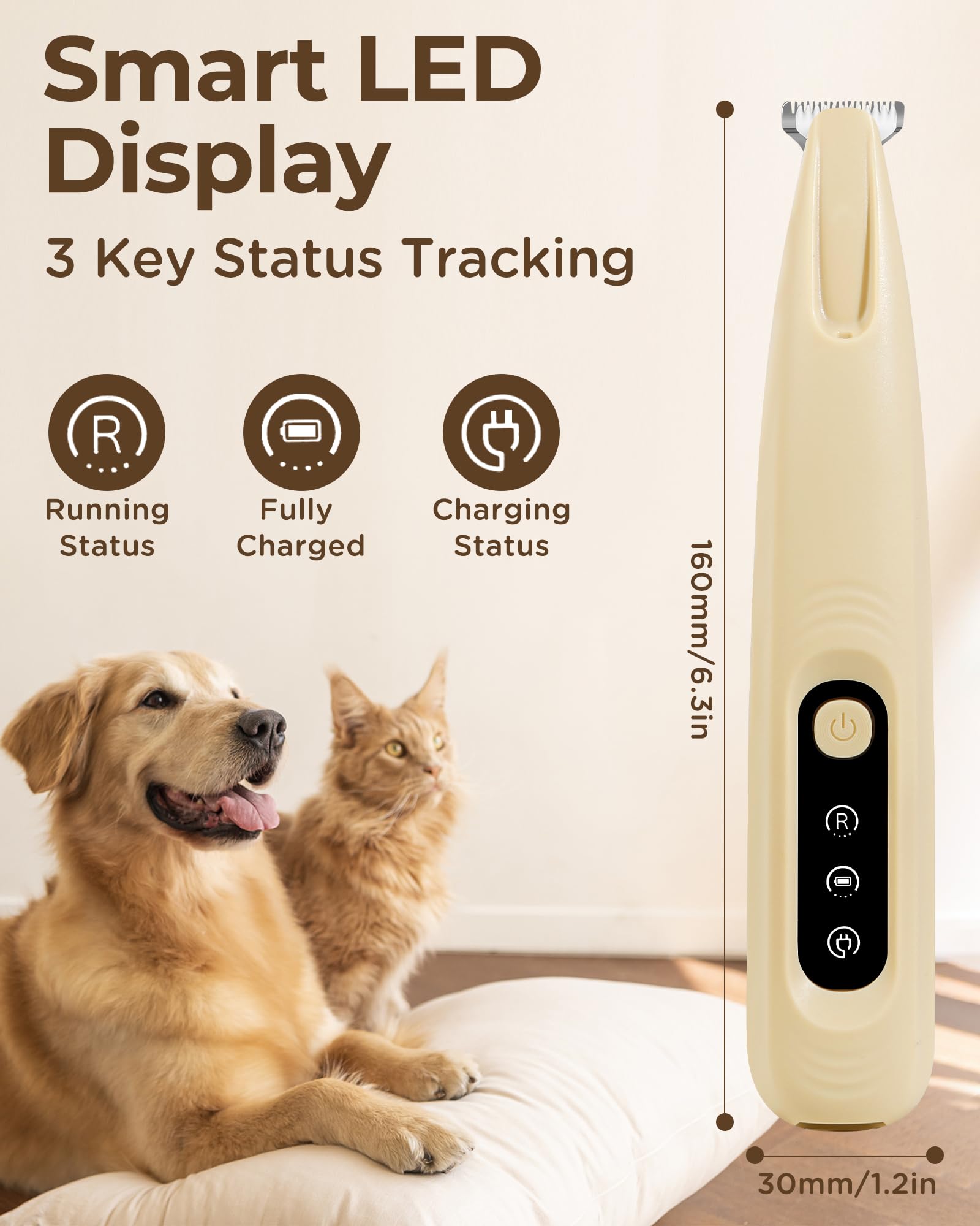 FURBONA Dog Paw Trimmer PT04YE, 18mm Blade, LED Display, Low Noise, Waterproof, Rechargeable, Yellow