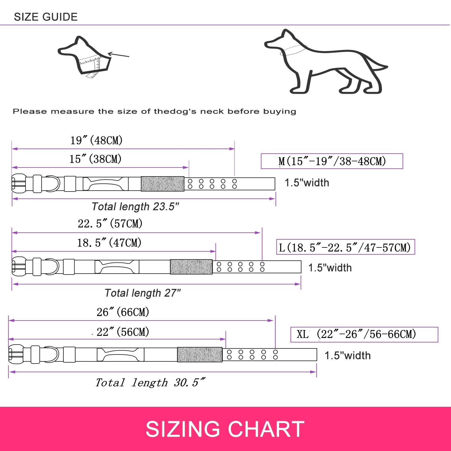 Yunleparks Reflective Dog Collar Heavy Duty Dog Collar with Control Handle and Metal Buckle for Dog Training(XL,Pink)