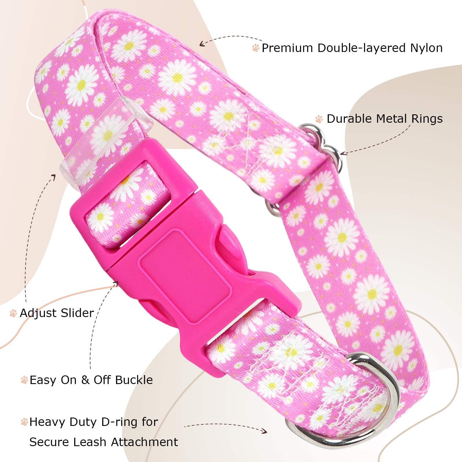 Pink Dog Collars For Puppy Small Dogs, Cute Girl Dog Collar With Daisy Flowers Pattern, Adjustable Heavy Duty Pet Collar With Sa