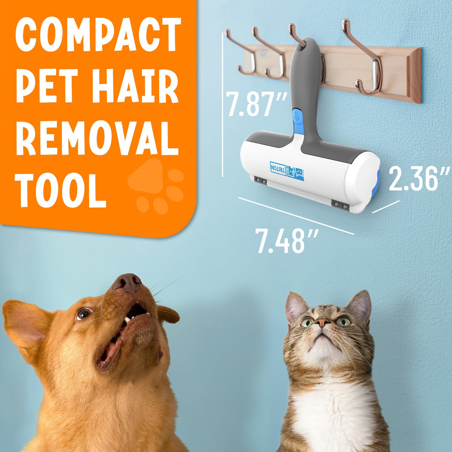 Triton Pet Hair Remover - Easy-to-Use Tool for Cats & Dogs - Compact, Gray/White - Reusable with Fur Trapping Compartment
