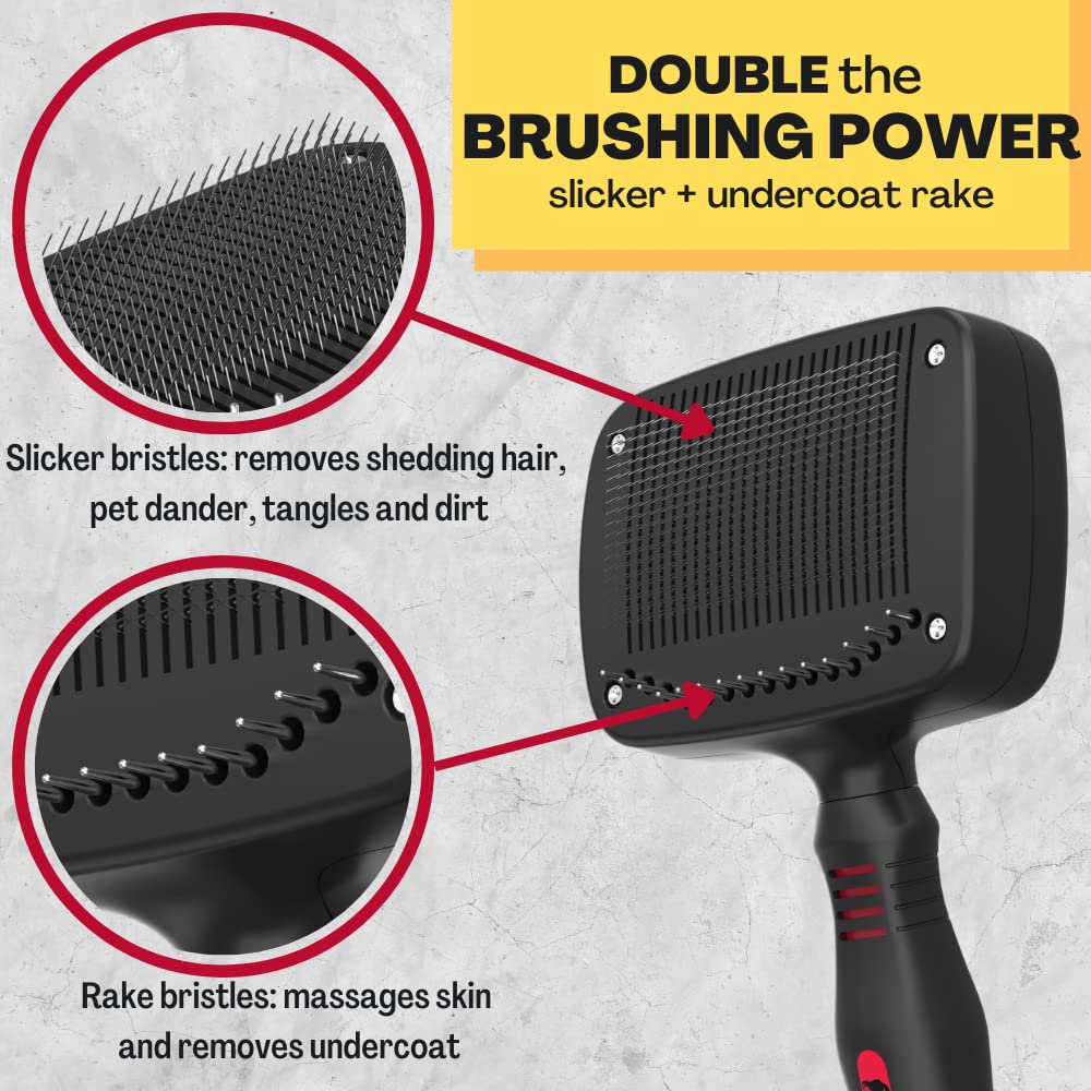 Nalako Self Cleaning Slicker Two In One Brush - Updated Button - Slicker & Undercoat Rake - Remove Shedding Dog Hair, Undercoat & Mats, For Medium & Long Haired Dogs, Great For Husky, Gsd