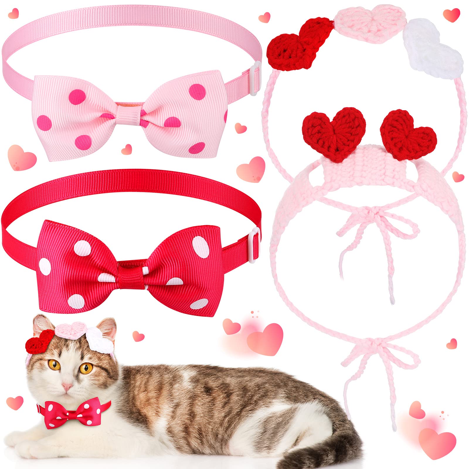 Mtlee 2Pcs Valentines Day Heart Headband For Cat And 2Pcs Pet Neck Bow Cat Valentines Day Headband With Ear Holes And Chin Strap