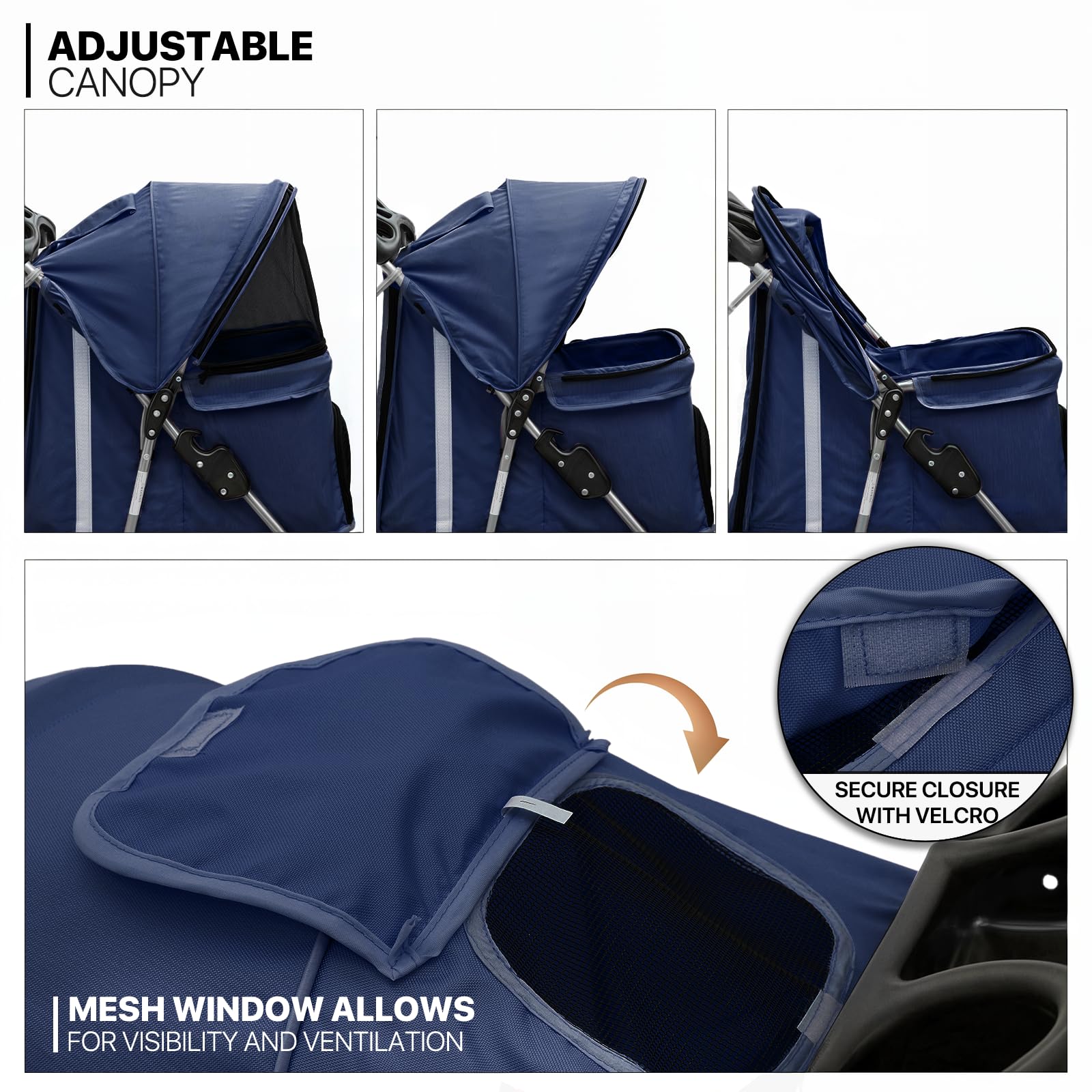 MoNiBloom Pet Stroller, Foldable Dog/Cat Jogger with Weather Cover, Storage Basket, Mesh, 13"x29"x40", Navy Blue, Model A78-PS-001-N