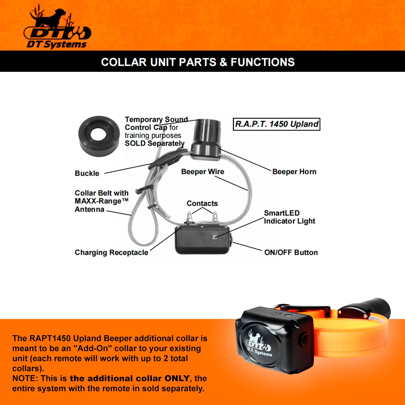DT SYSTEMS RAPT1450 Upland Beeper Additional Collar Receiver for RAPT1450 Dog Training System, Rechargeable Programmable 12-23 A