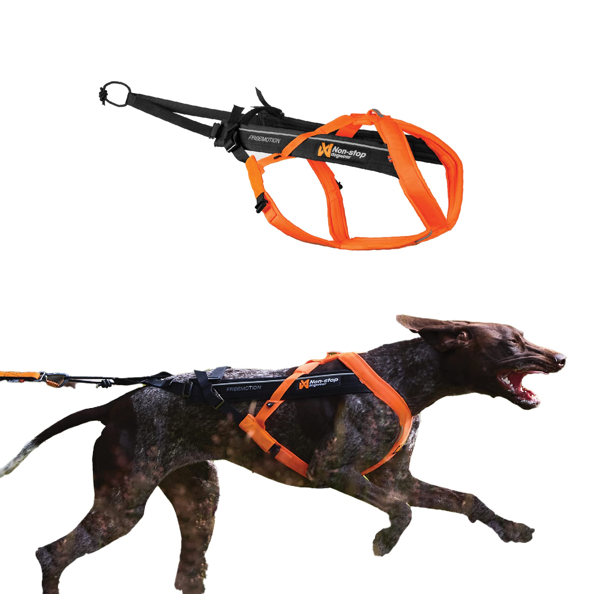 Non-Stop Dogwear Freemotion Harness 5.0 Dog Pulling Harness For Sports Like Running, Biking And Skiing With Dogs, Professional Adjustable Dog Harness, Orange/Black, Size 7