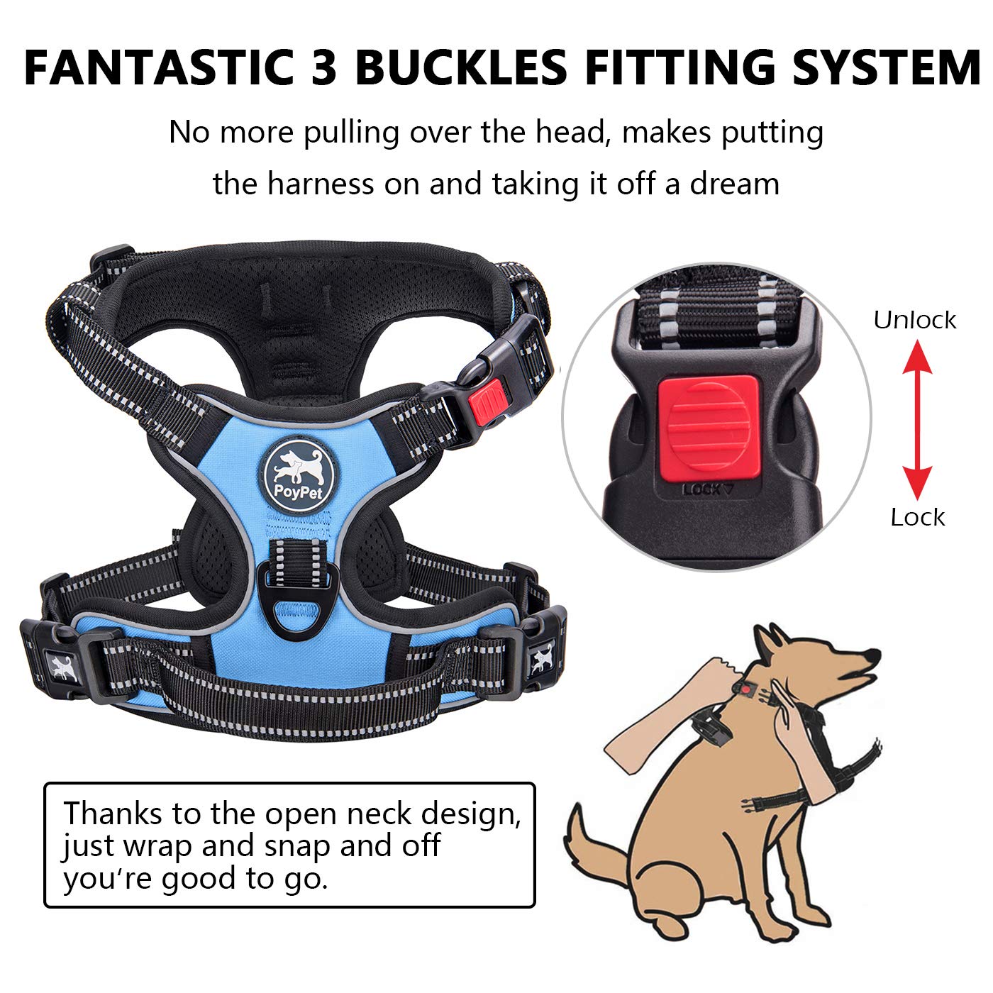 Poypet No Pull Dog Harness, No Choke Front Clip Dog Reflective Harness, Adjustable Soft Padded Pet Vest With Easy Control Handle For Small To Large Dogs(Light Blue,M)