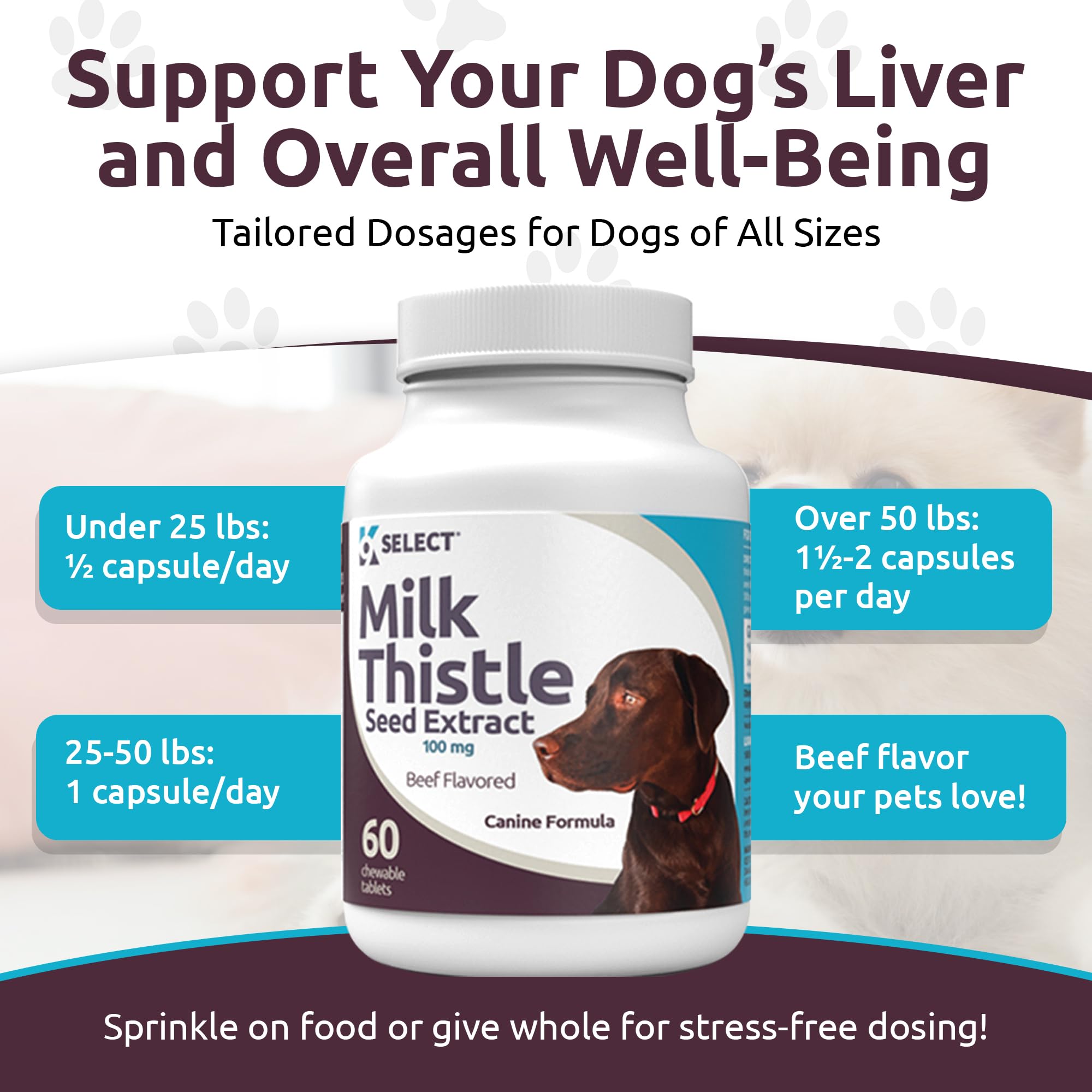 K9 Select Milk Thistle for Dogs - Liver Health Supplement, 100mg, 60 Beef Flavored Tablets