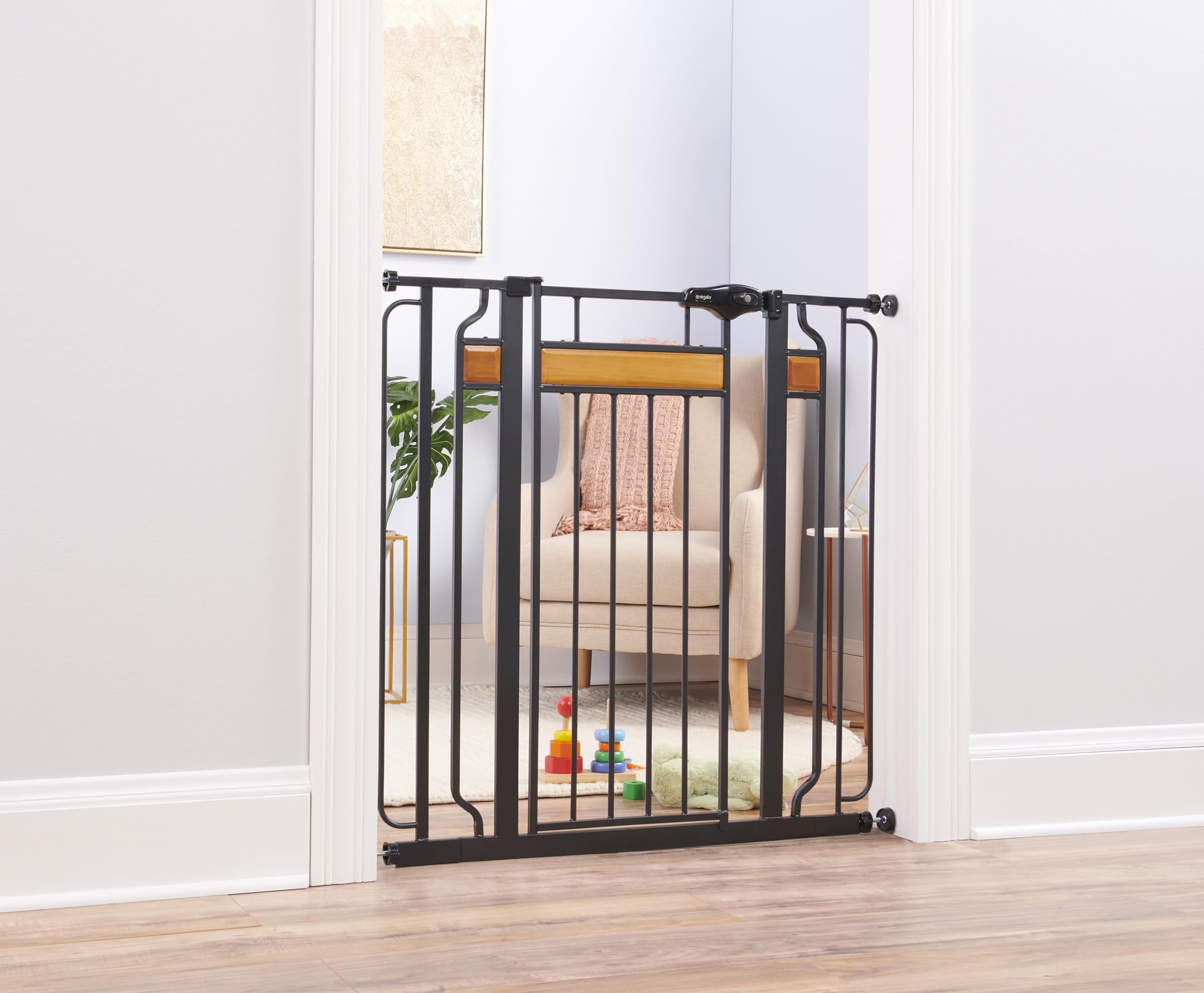 Regalo Home Accents Extra Tall & Wide Baby Gate, Bonus Kit, Includes Décor Steel With Hardwood, 4' Extension Kit, 4 Pack Pressure Mount Kit & Wall Cups, 0320 Ds