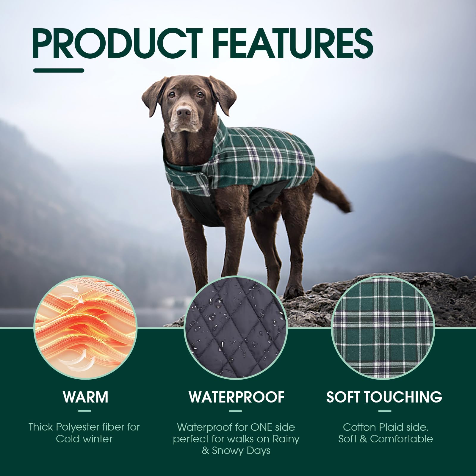 Kuoser Warm Dog Coat, Reversible Dog Jacket Waterproof Dog Winter Coat British Style Plaid Dog Clothes Pet Dog Cold Weather Coats Cozy Snow Jacket Vest For Small Medium Large Dogs Green M