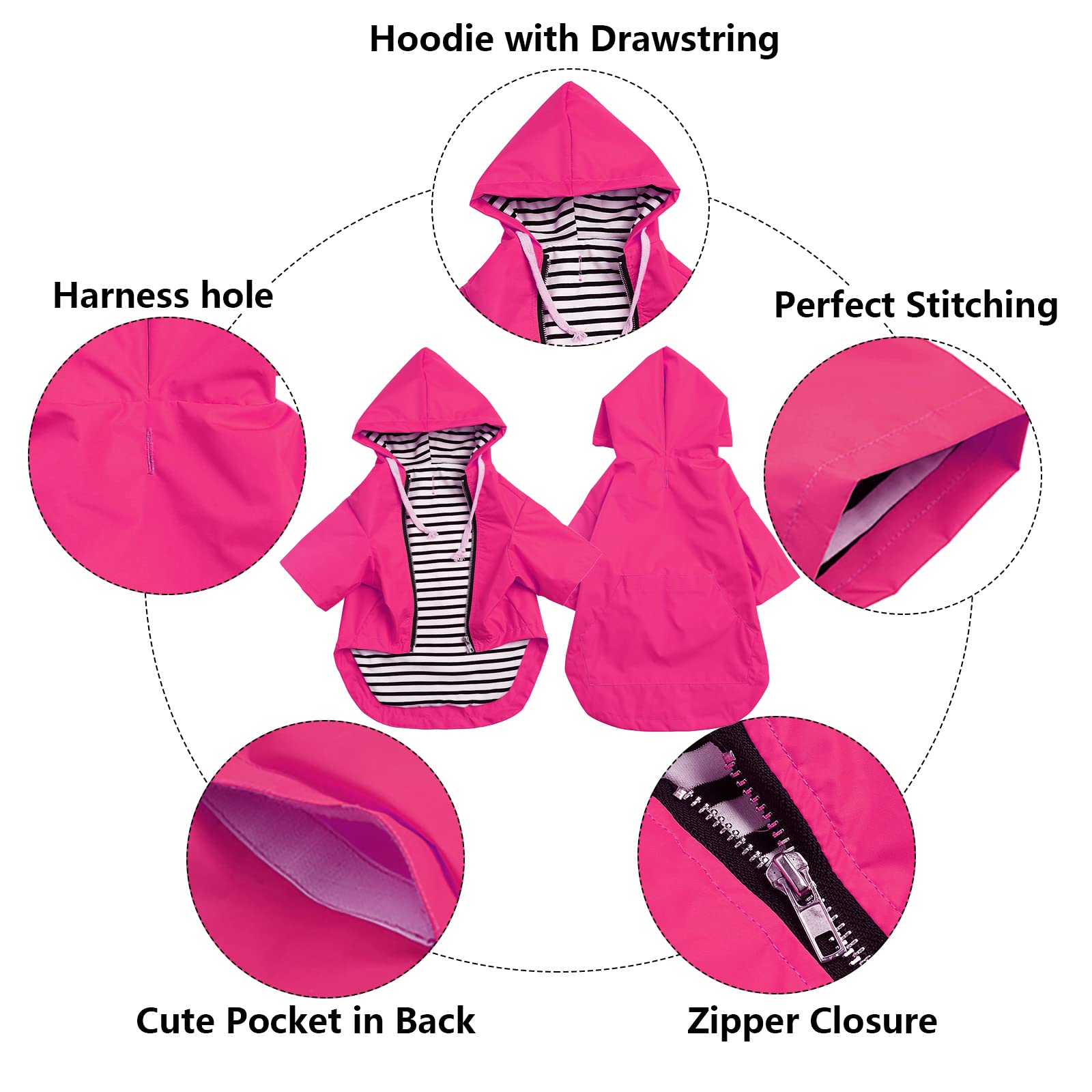 Dog Raincoat Waterproof Puppy Rain Jacket With Hood For Small Medium Dogs, Poncho With Reflective Strap, Storage Pocket And Harness Hole - Pink - S