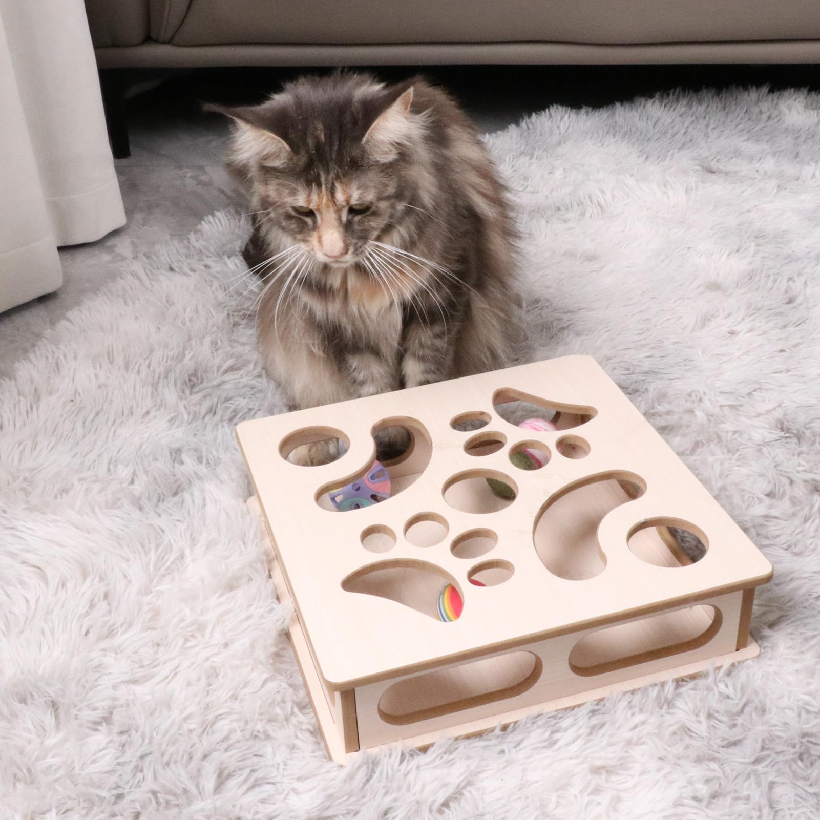 DI BI GRAMAS Cat Interactive Box Puzzle Toy with 3 Small Balls and 1 Bell Indoor Hunting Exercise Toy for Kittens Natural Wood M