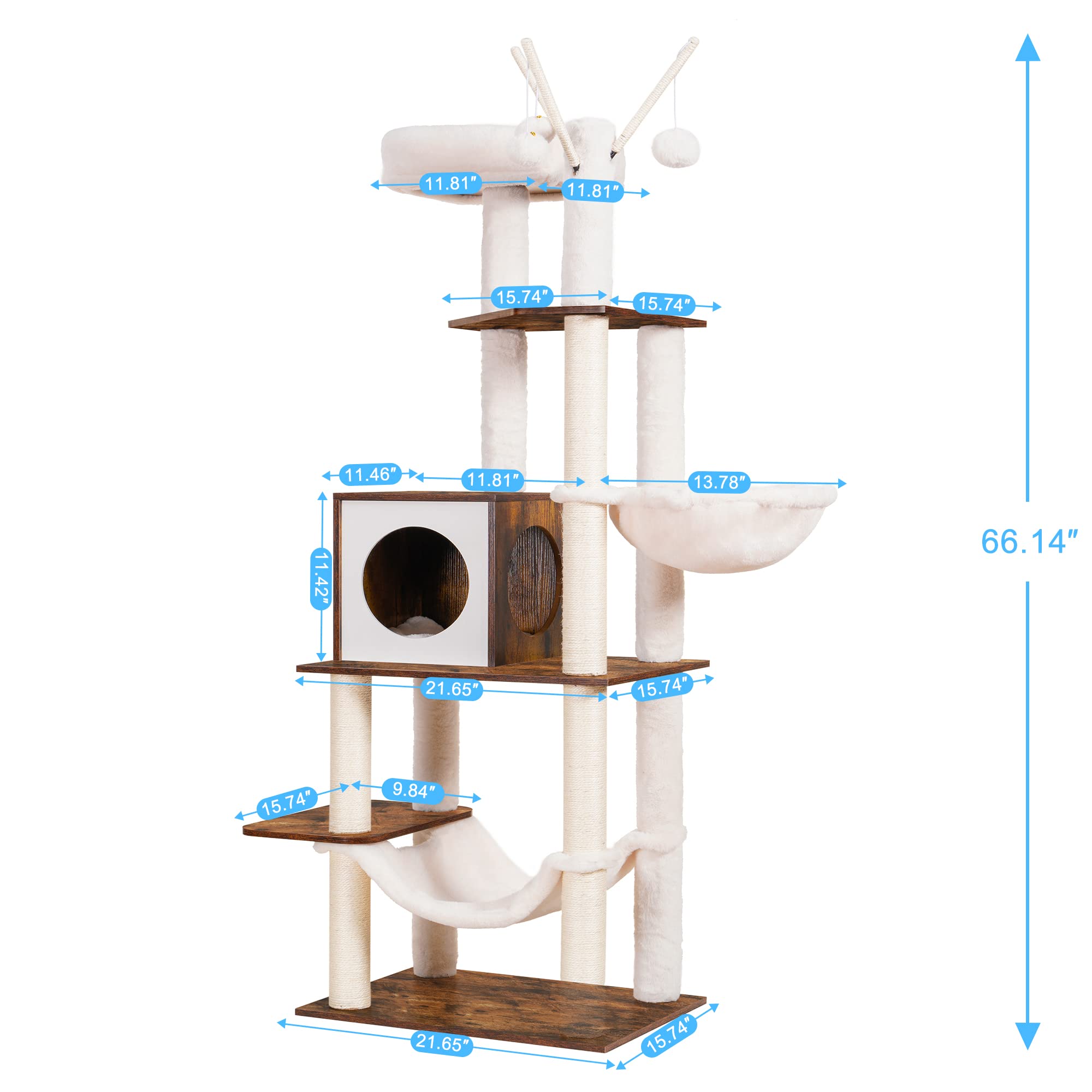 Hey-Brother Wooden Cat Tree, 66.1 Cat Furniture With Scratching Posts, Modern Cat Tower With Hammocks, Toys, Cat Condo, Rustic B