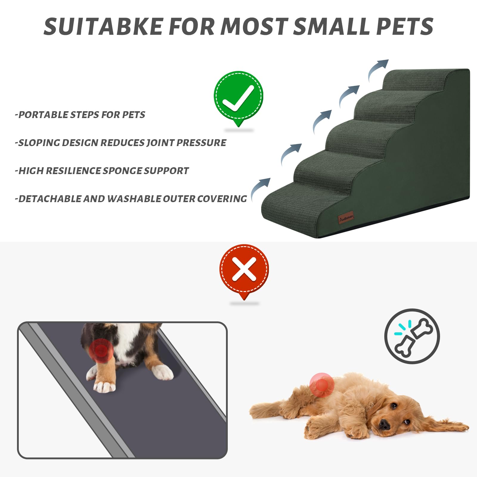 Aodisman 5-Step Dog Stairs and Ramp for High Bed, Non-Slip Sturdy Pet Steps for Small Dogs and Cats,22.2 H,Green