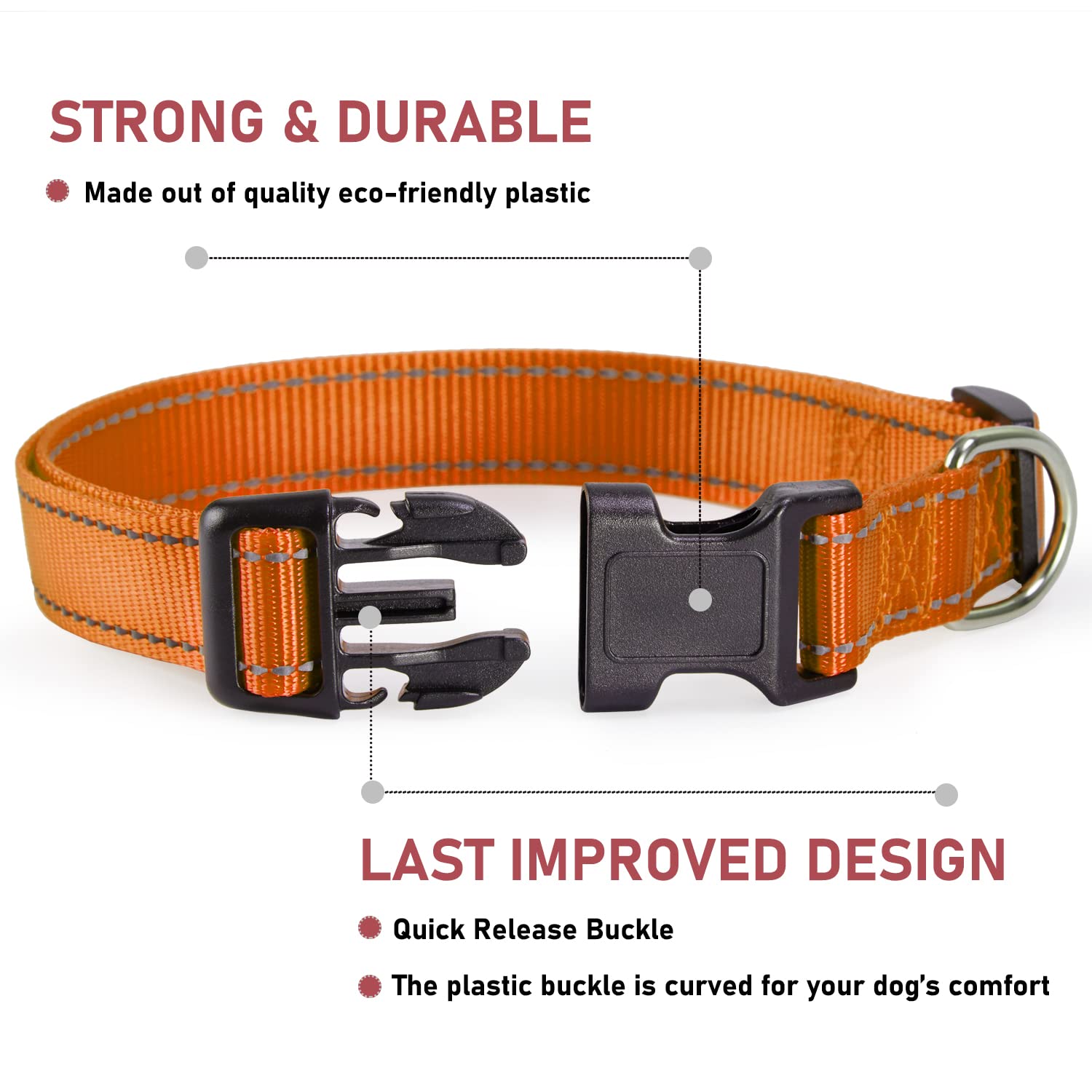Reflective Dog Collar With Buckle Adjustable Safety Nylon Collars For Small Medium Large Dogs, Orange Xs