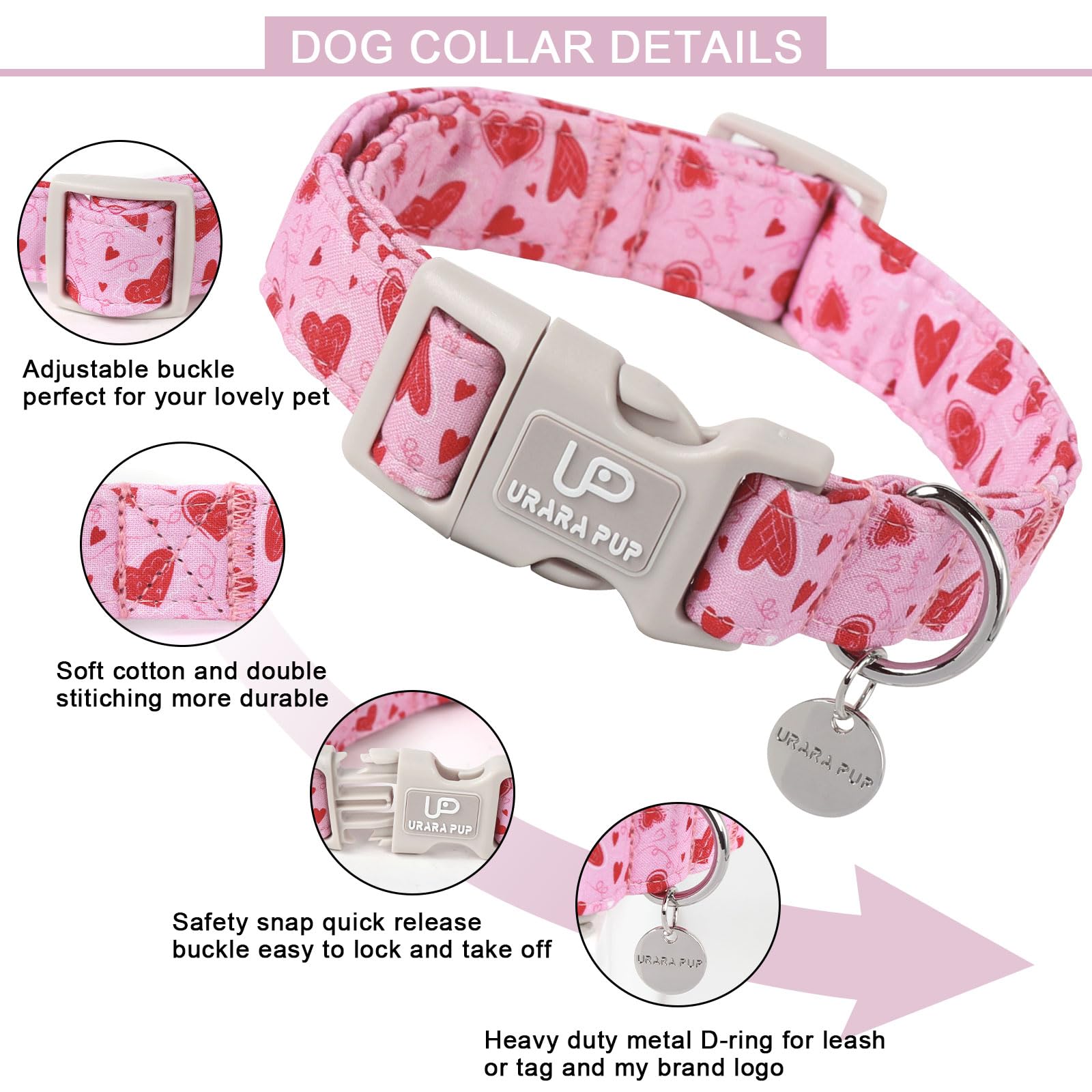 Up Urara Pup Valentine'S Day Collar - Pink Heart Quick Release For Puppy Dogs