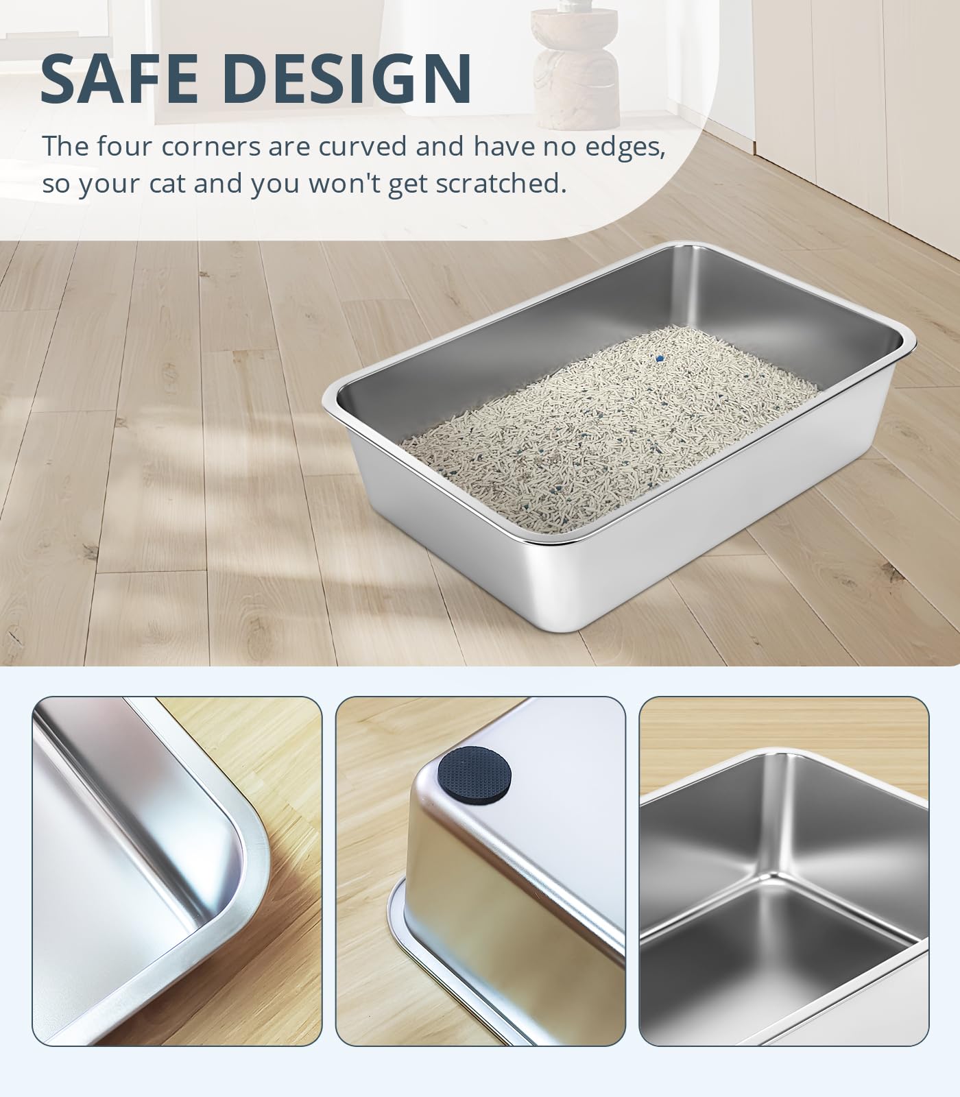 Wenbokmin Stainless Steel Cat Litter Box, 4In Shallow Litter Box For Senior Cats And Kittens, Large Metal Litter Pan Nonstick Od