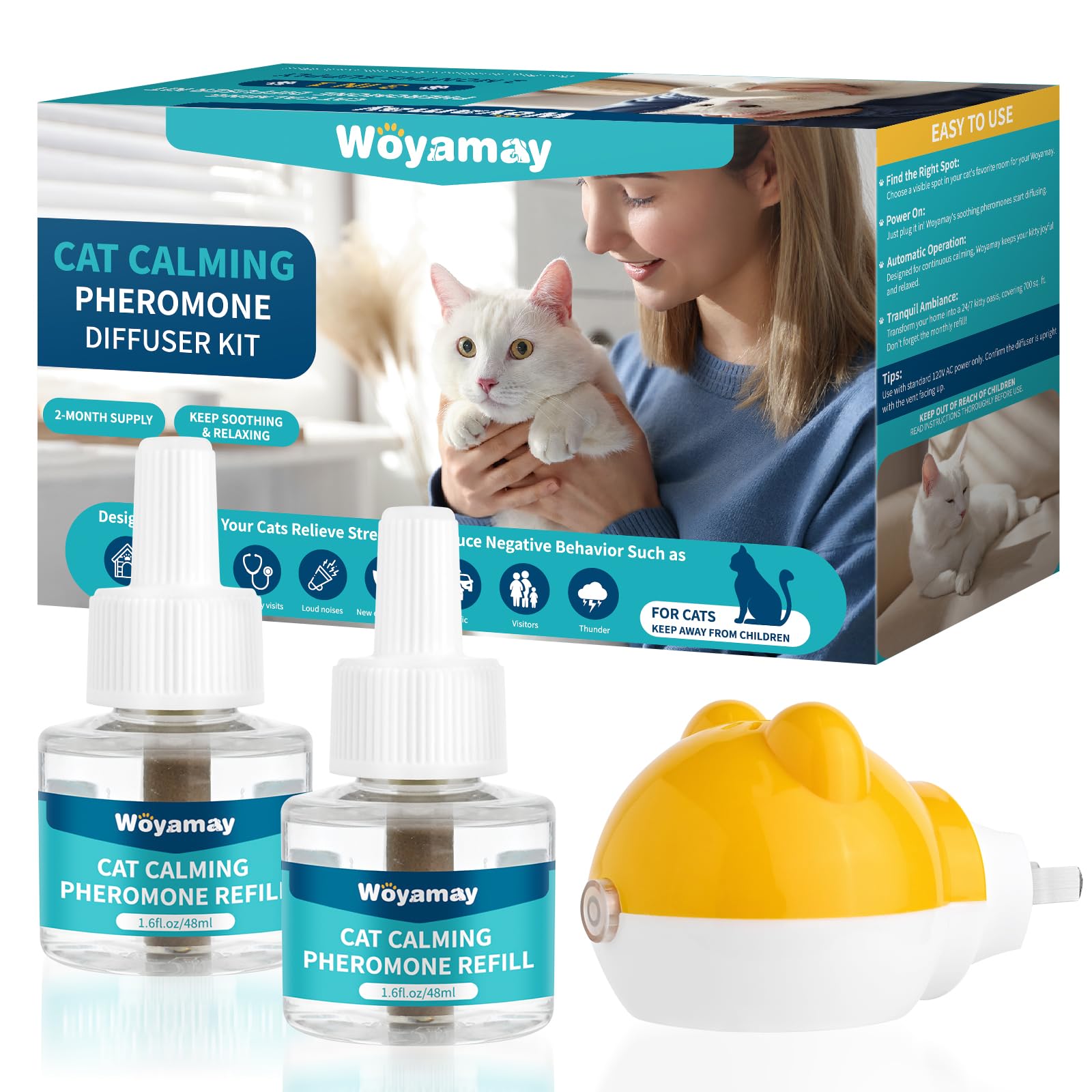 Woyamay Cat Calming Diffuser - Cat Pheromones Calming Diffuser for Cat Anxiety Relief 3-in-1 Cat Pheromone Diffuser Kit with 1 D