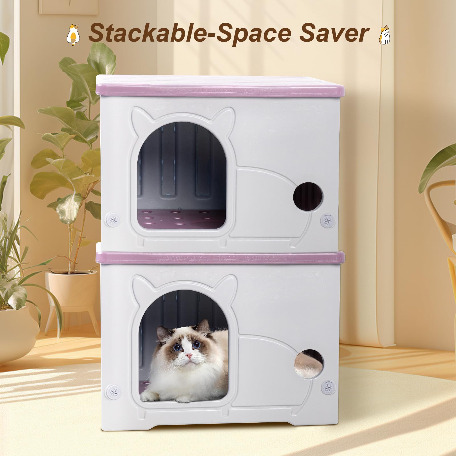 Plastic Cat House For Indoor Outdoor, Weatherproof Outside Cat House For Feral Cat, Stackable Cat Shelter With Plush Cushion (Pi