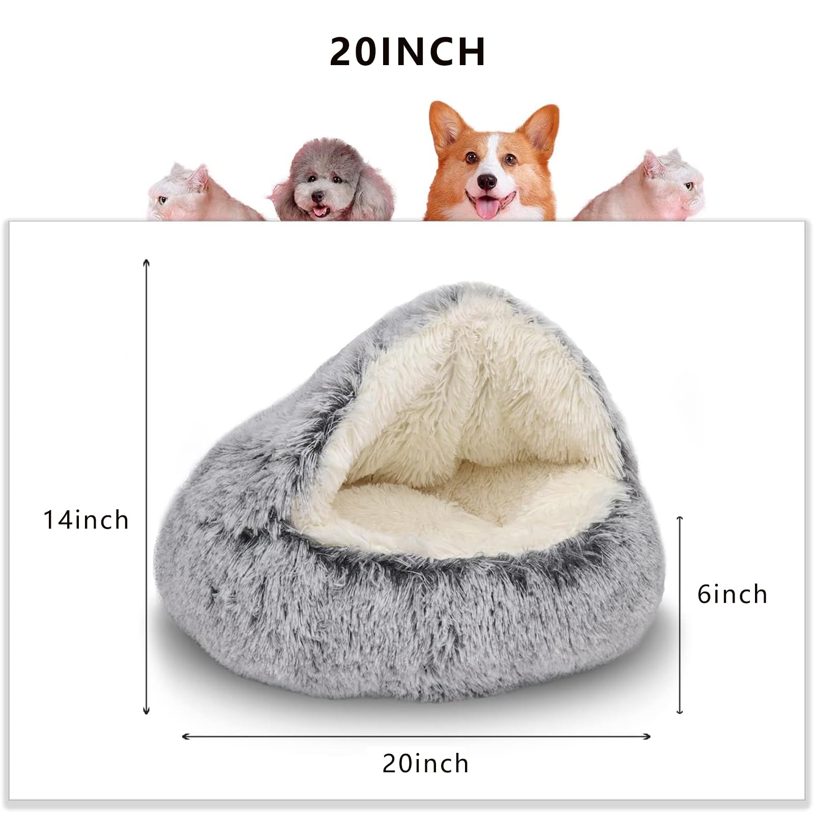 ShinHye Cat Bed Round Plush Hooded Cave - Cozy 20" Grey Cotton Pet Bed, Washable & Waterproof for Indoor Cats & Small Dogs