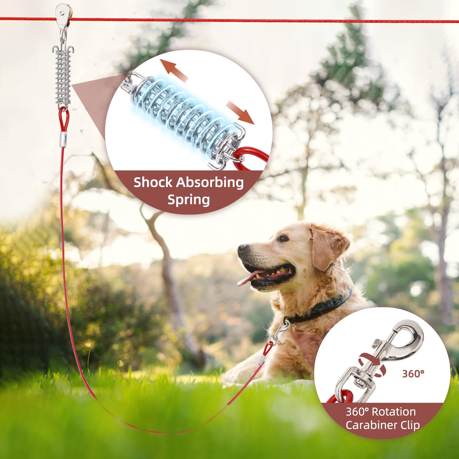 Luffwell Dog Runner For Yard, 120Ft Long Dog Lead With 15Ft Shock Absorption Spring And Pulley Dog Tie Out Cable For Small Medium Large Dogs, Dog Trolley System For Dogs Run In Yard, Park And Outside