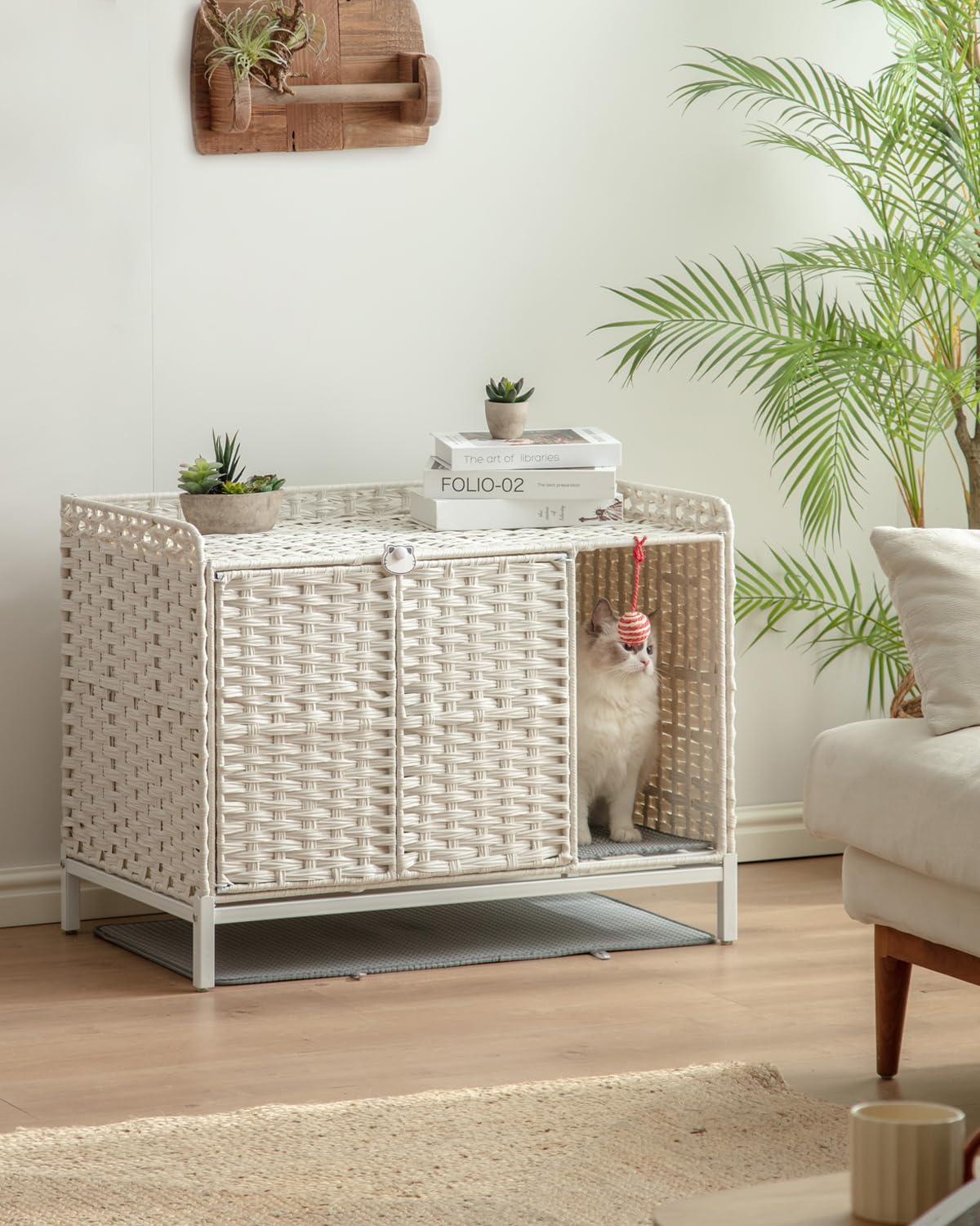 SETVSON Cat Litter Box Enclosure - Handwoven Rattan, 31.2" x 19.6" x 24.2", White, with Divider, Hidden Cat House for