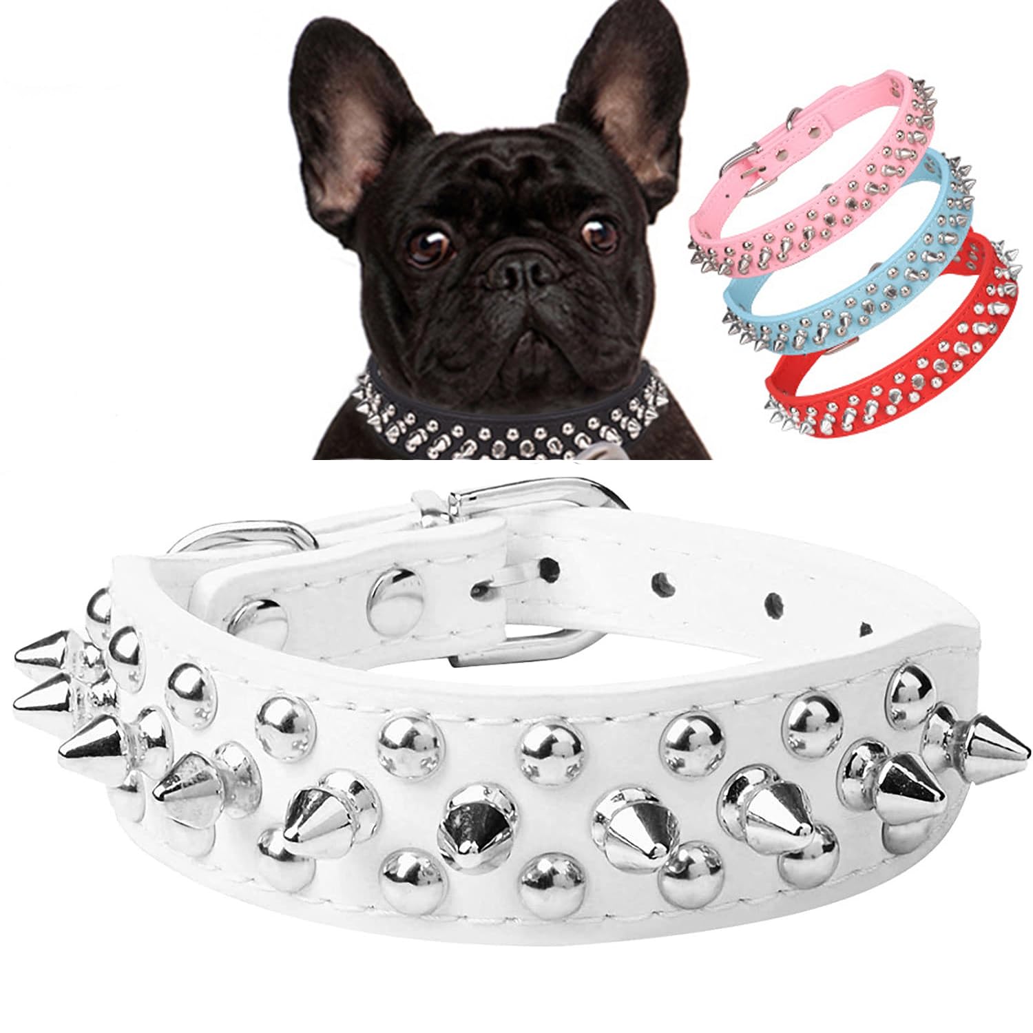 Serijoars Spiked Dog Collar Soft Pu Leather Mushrooms Rivet Spike Studded Dog Collar Adjustable Puppy Collars (Xs, White)