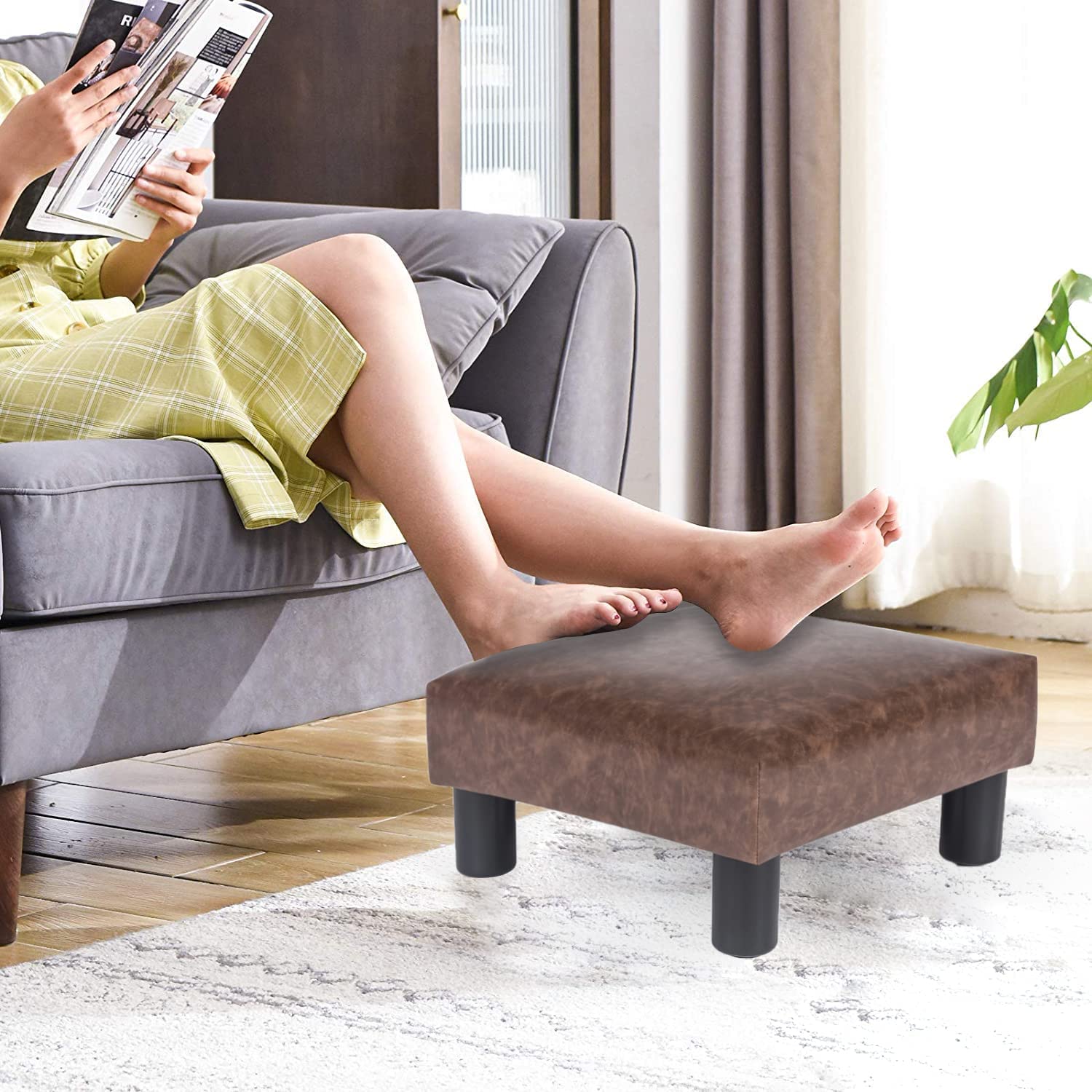 Joveco Ottoman Footrest Stool Small Pu Leather Square Footstool (Brown #1)