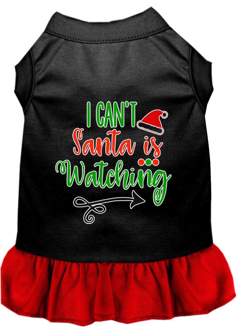 Christmas Pet Dog & Cat Dress Screen Printed, "I Can't, Santa Is Watching" Black W/Light Pink SM (3-6 lbs.)