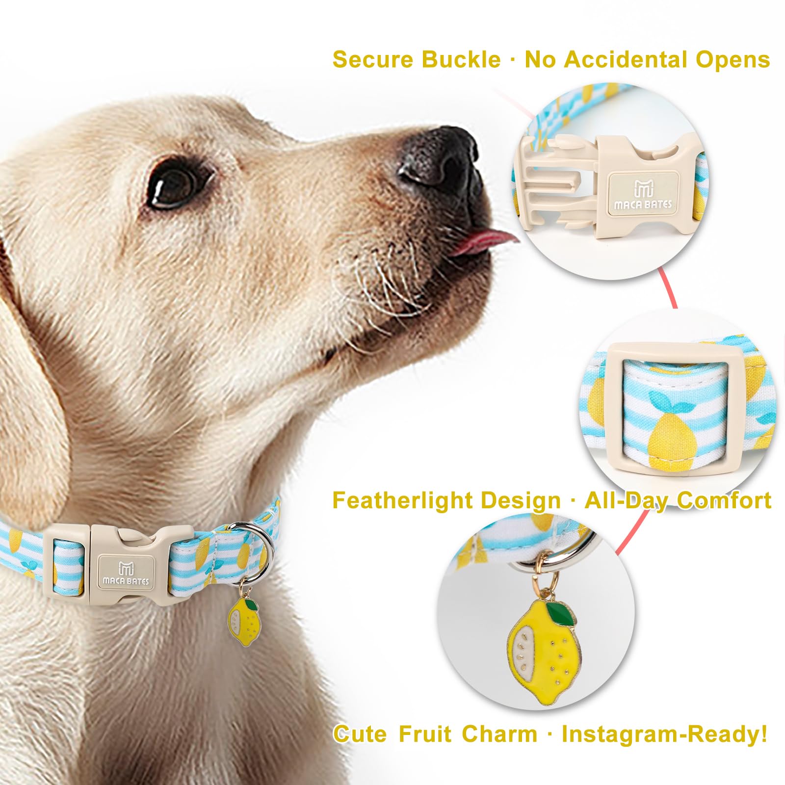 M MACA BATES Dog Collar, Adjustable Cotton, Lemon Charm, Small, Yellow, Durable Safety Buckle, for XS-Small-Medium-Large-XL Puppies