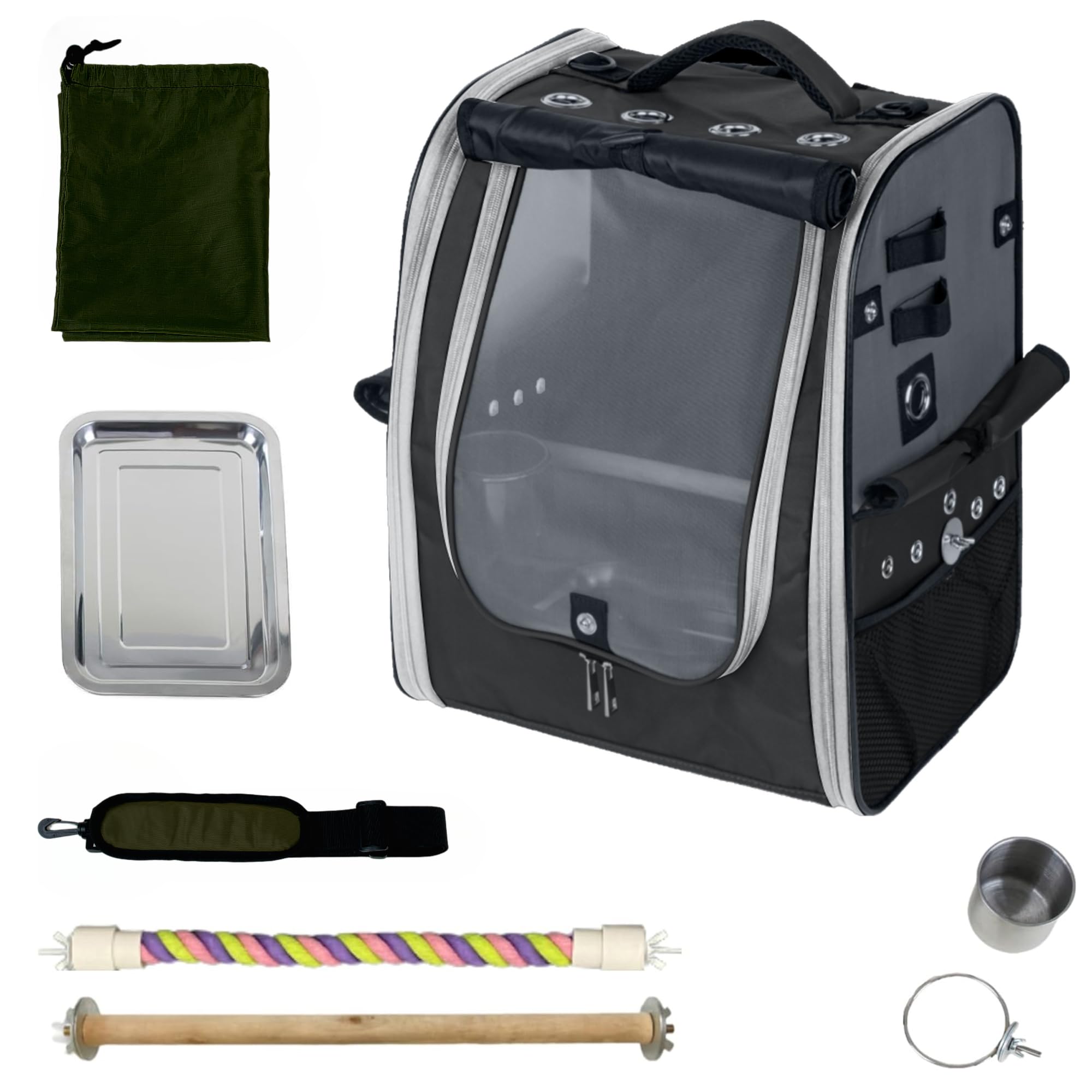 Cockatoo Carrier Backpack-Parrot Travel Cage with Wood Perch and Food Bowl, Stainless Steel Tray (Charcoal Gray, Large Birds (fo
