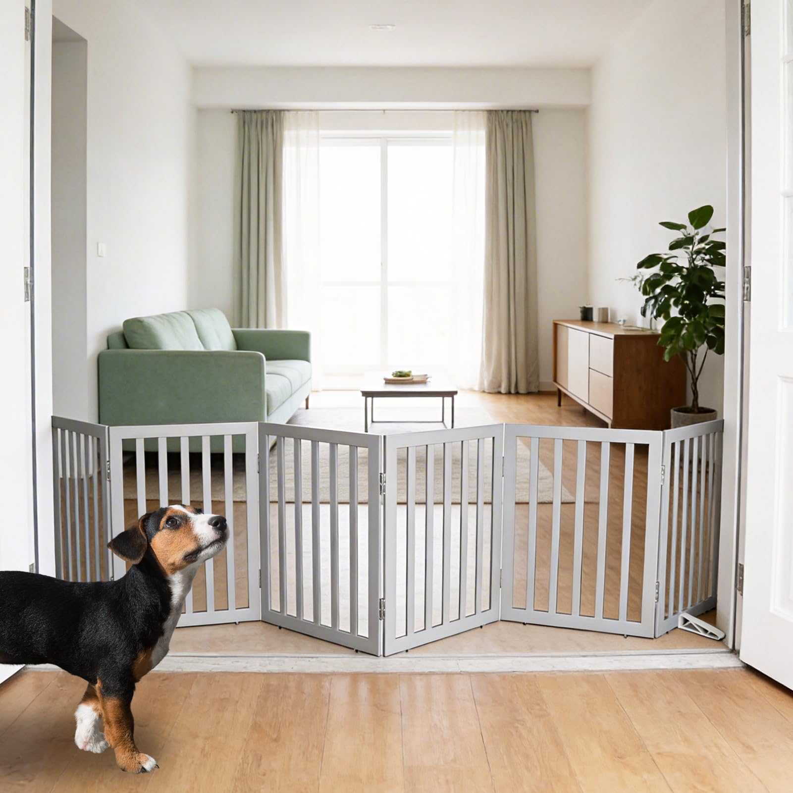 ZJSF Freestanding Indoor Dog Gate for House Foldable Wood Puppy Gate for Doorways Pet Gate for Stairs Extra Wide Pet Fence, Grey