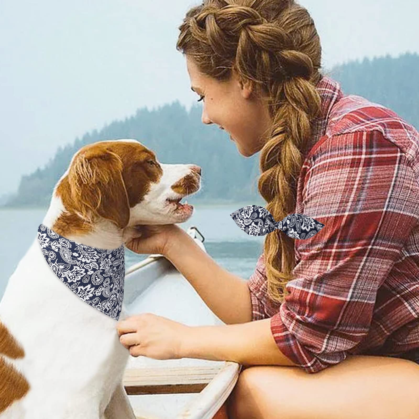 E-Clover Dog Bandanas Boy & Matching Scrunchie Set Dog Bandana Scarf Bibs With Bow Scrunchies For Medium Large Dogs Pet Owner Mo