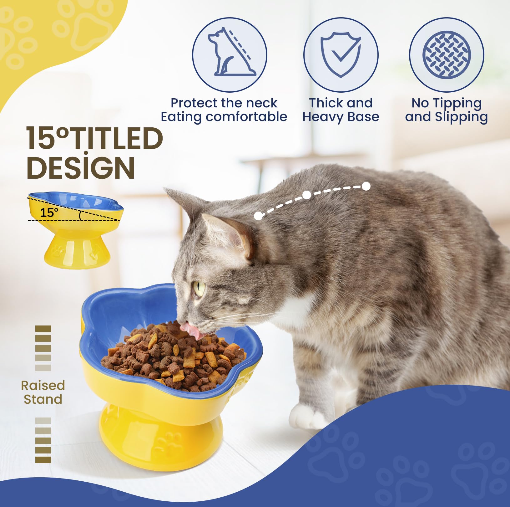 S&Qs CERAMICS Raised Cat Bowl, Elevated Cat Bowl for Food and Water, Ceramic Titled Dish, Anti Vomit & Whisker Friendly, Microw